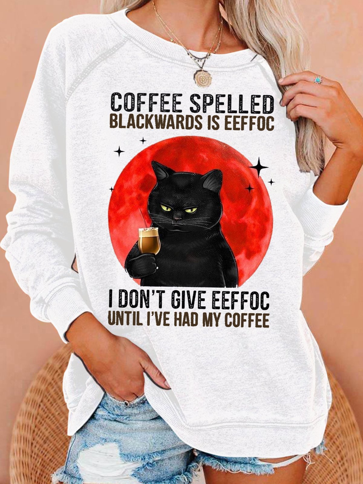 Womens Coffee Letters Crew Neck Casual Sweatshirt