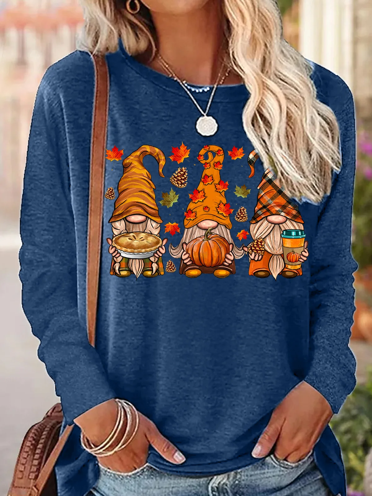 Women's Fall Gnomes Autumn Pumpkin Thanksgiving Casual Long Sleeve Top