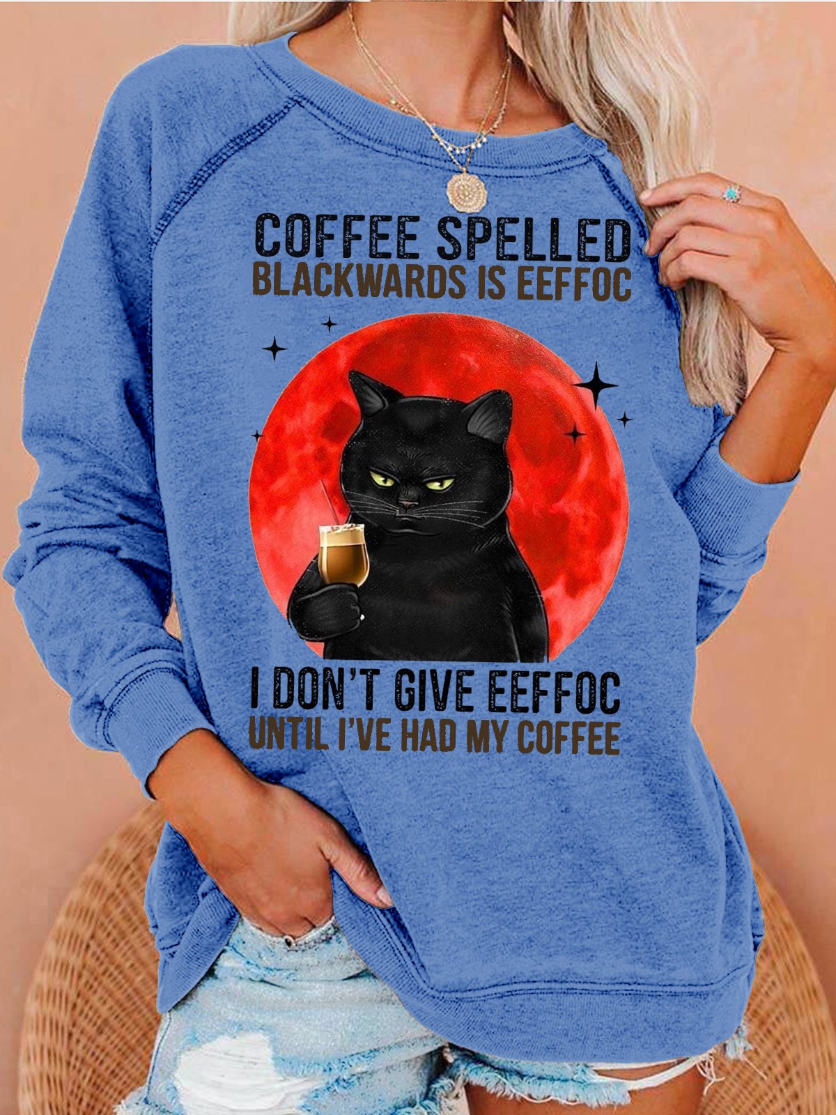 Womens Coffee Letters Crew Neck Casual Sweatshirt