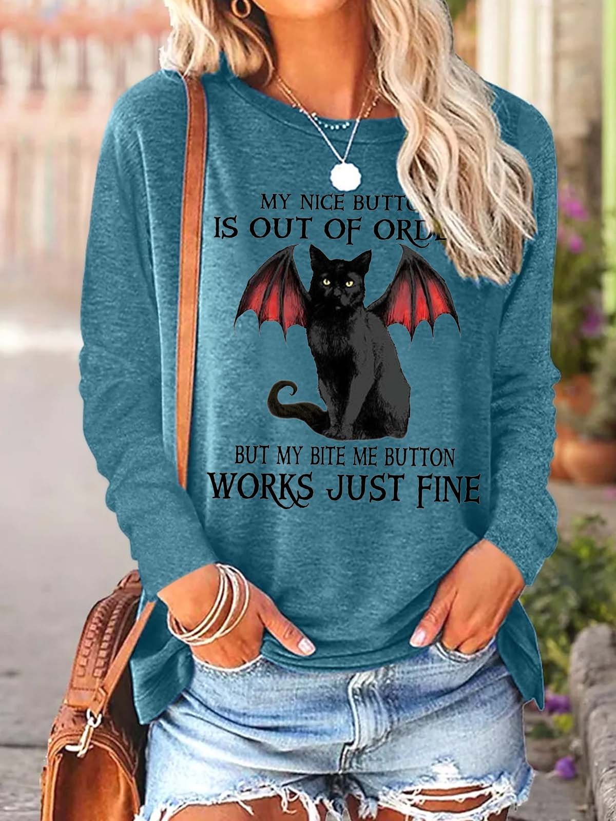 Women Nice Button Bite Me Black Cat Bat Cotton-Blend Crew Neck Casual Top