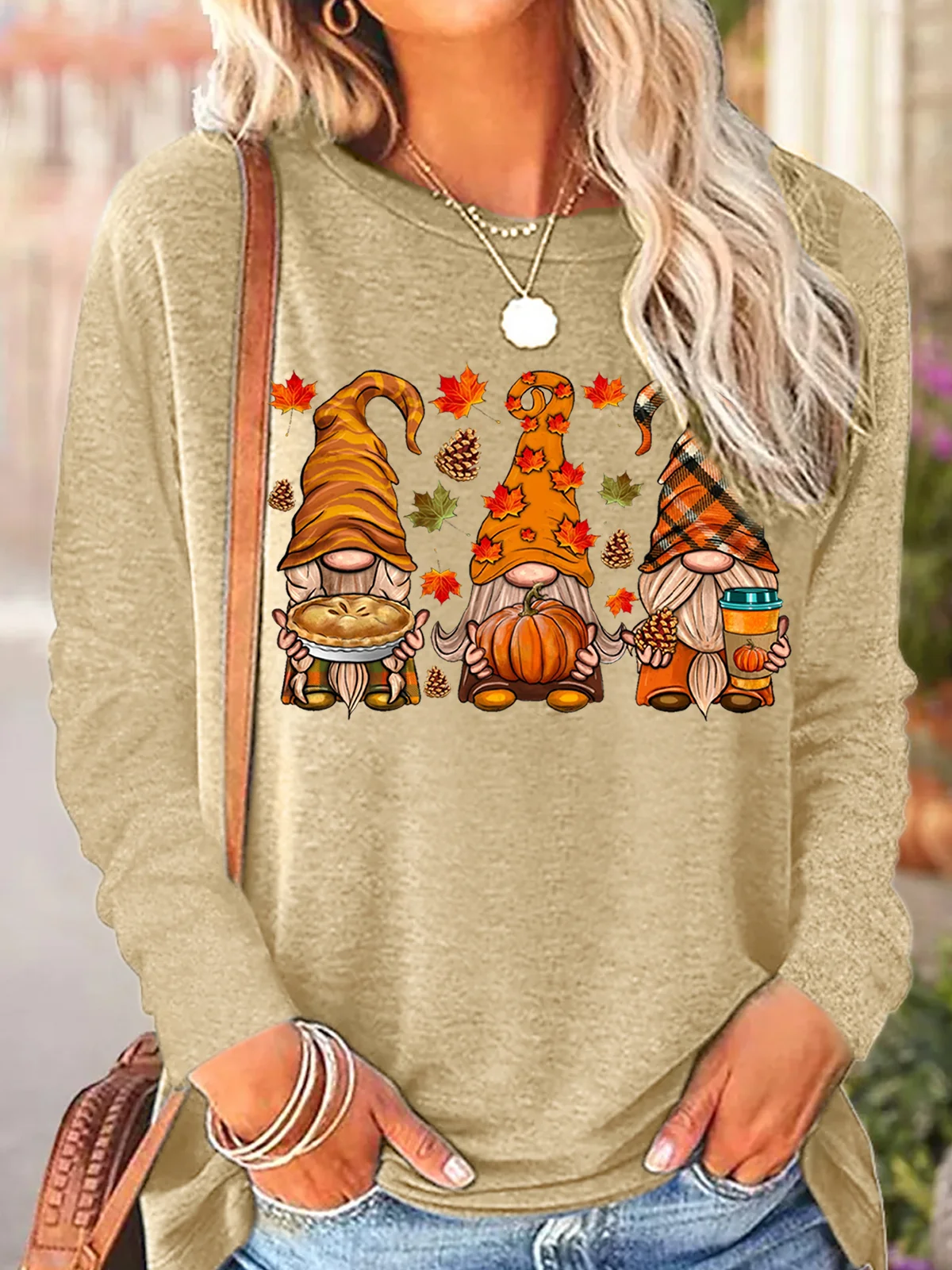 Women's Fall Gnomes Autumn Pumpkin Thanksgiving Casual Long Sleeve Top