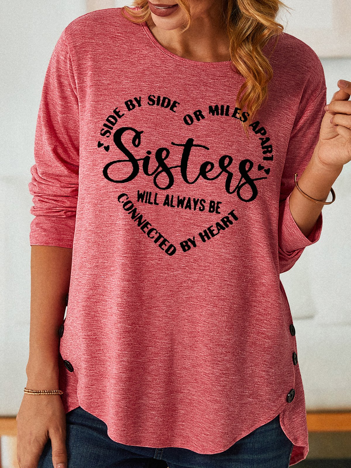 Women's Sister Text Letters Heart Cotton-Blend Long Sleeve Top