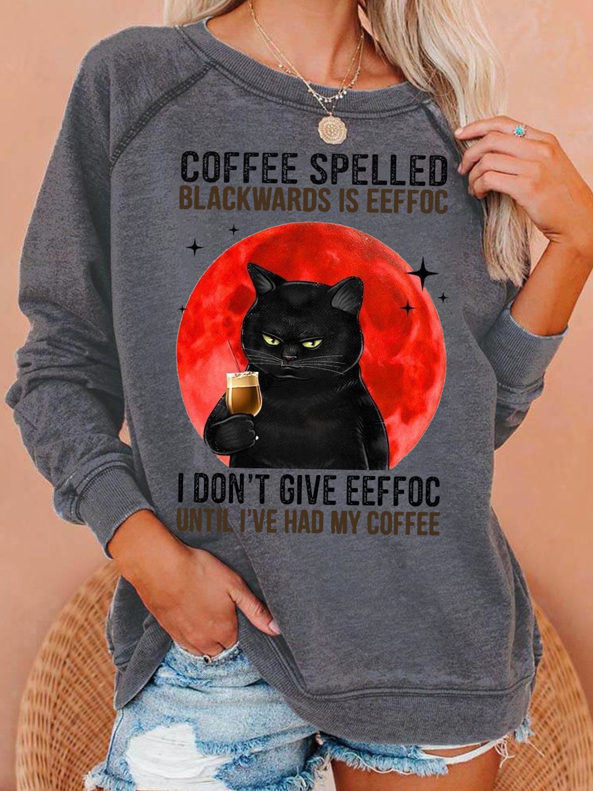 Womens Coffee Letters Crew Neck Casual Sweatshirt