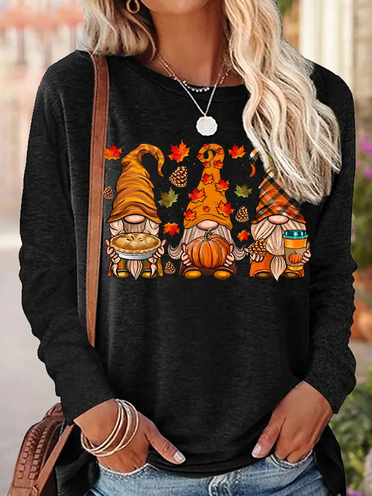 Women's Fall Gnomes Autumn Pumpkin Thanksgiving Casual Long Sleeve Top