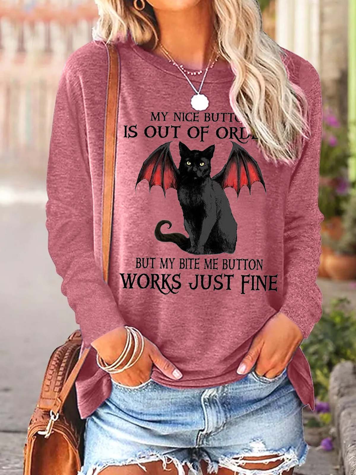 Women Nice Button Bite Me Black Cat Bat Cotton-Blend Crew Neck Casual Top