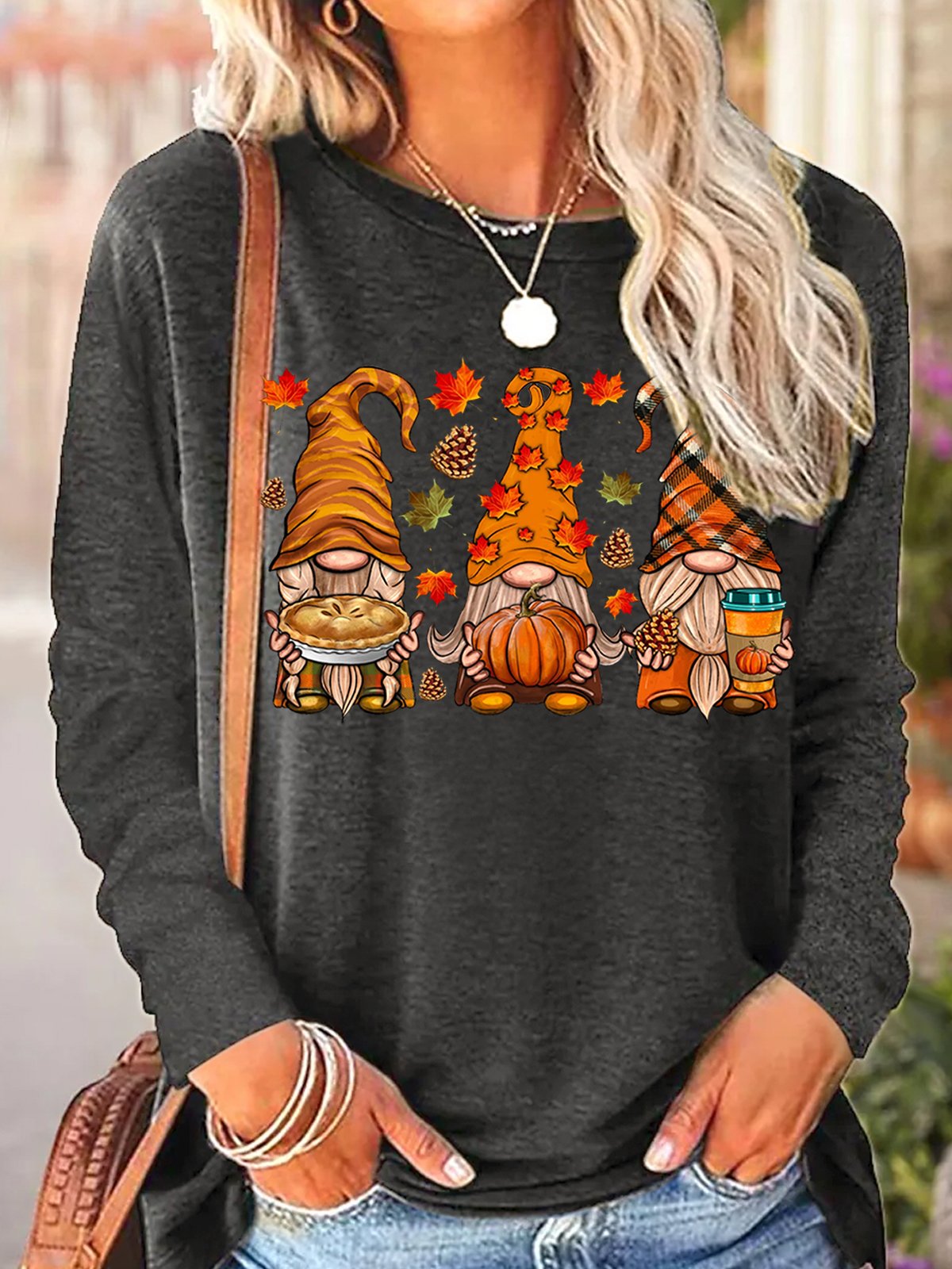 Women's Fall Gnomes Autumn Pumpkin Thanksgiving Casual Long Sleeve Top