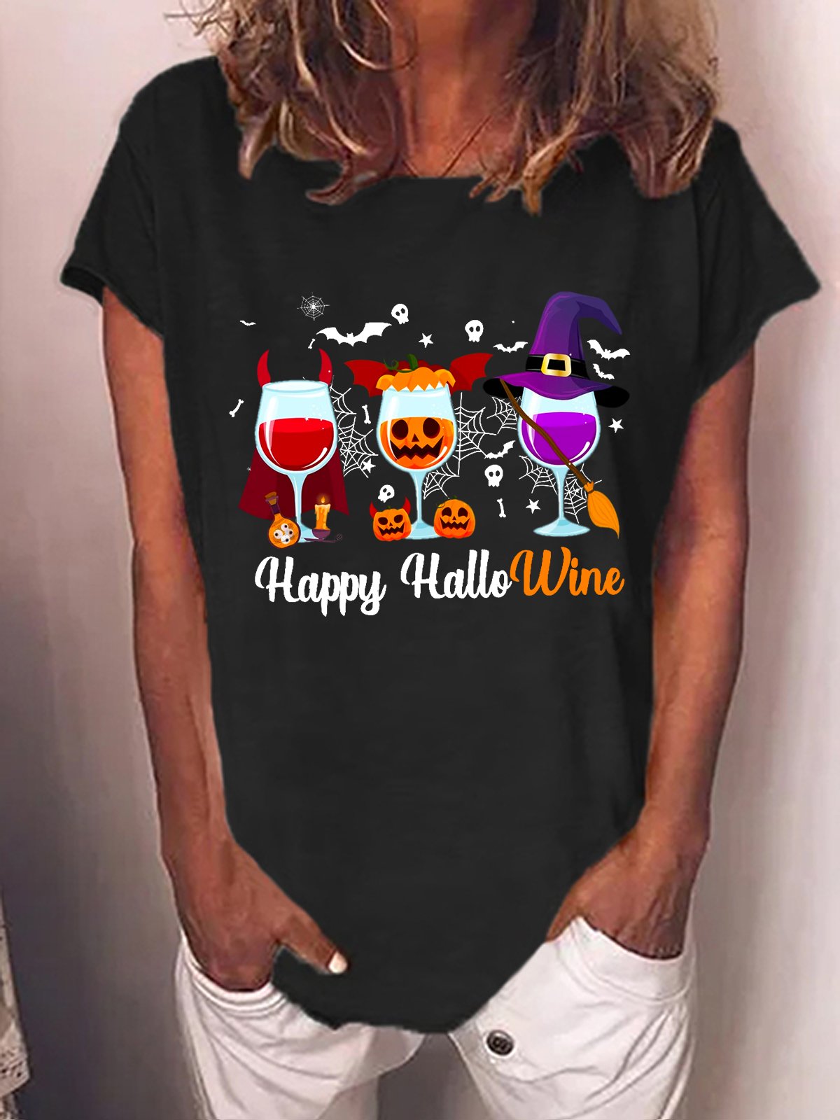 Happy Hallowine Women Casual Cotton-Blend T-Shirt