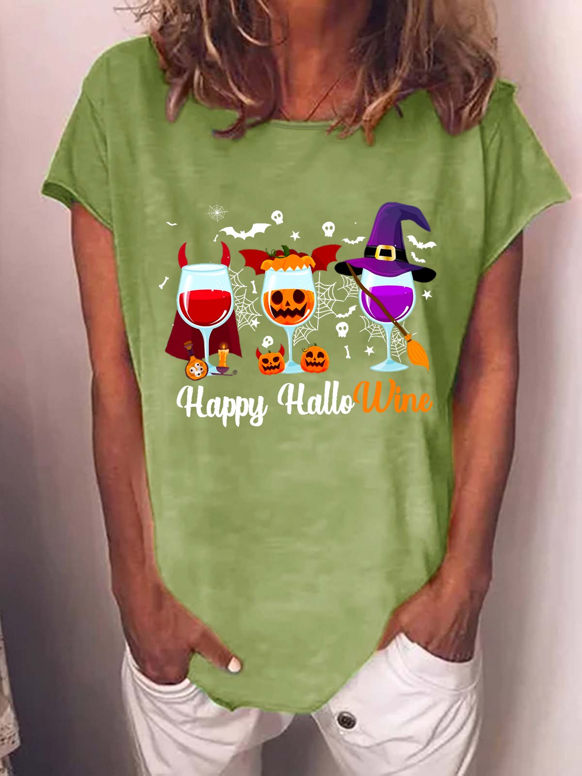 Happy Hallowine Women Casual Cotton-Blend T-Shirt