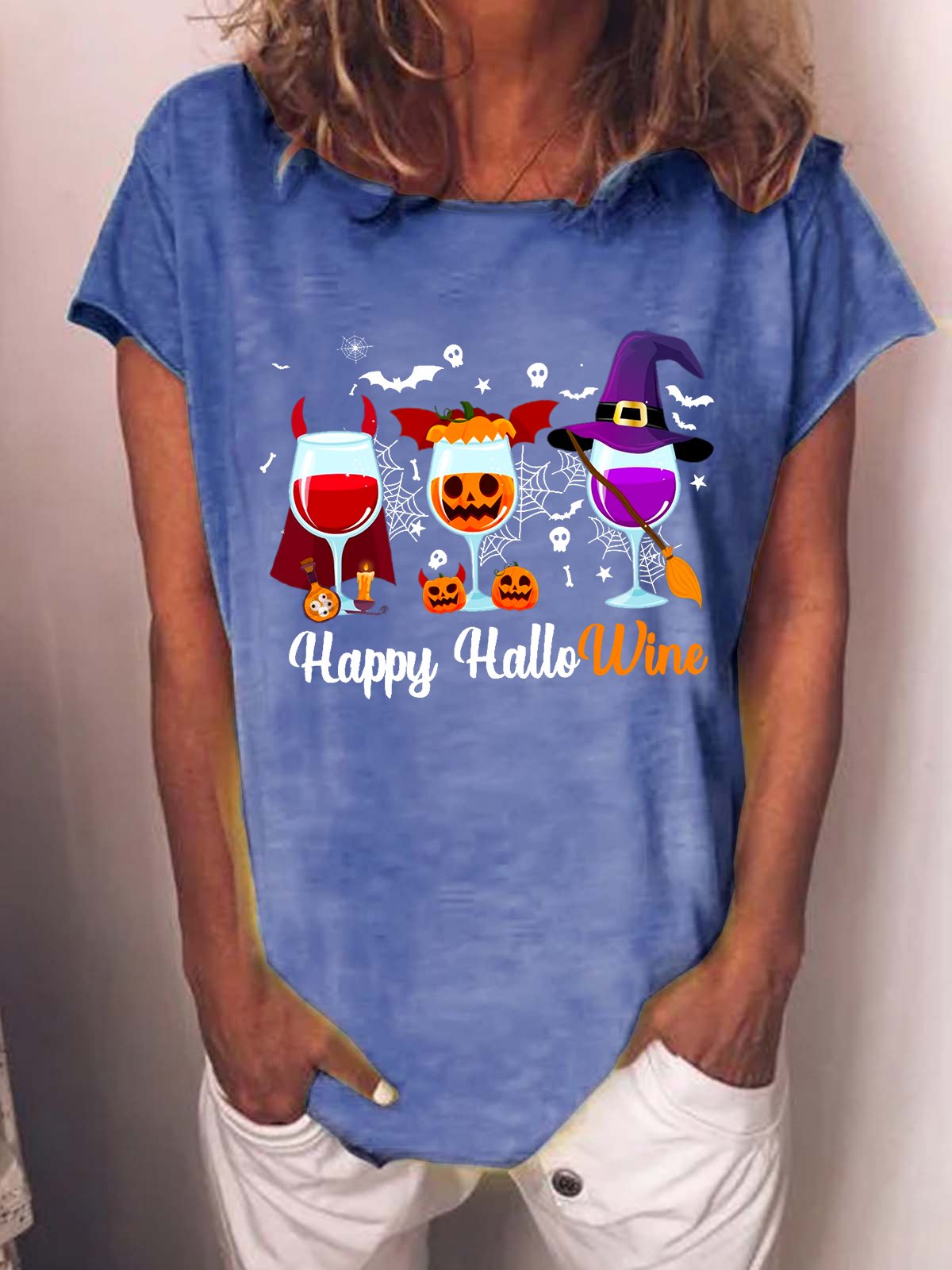 Happy Hallowine Women Casual Cotton-Blend T-Shirt