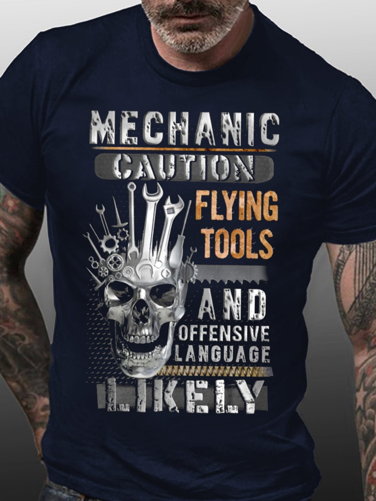 Men's Halloween Skull Mechanic Caution Flying Tools And Offensive Language Likely Crew Neck Casual T-shirt