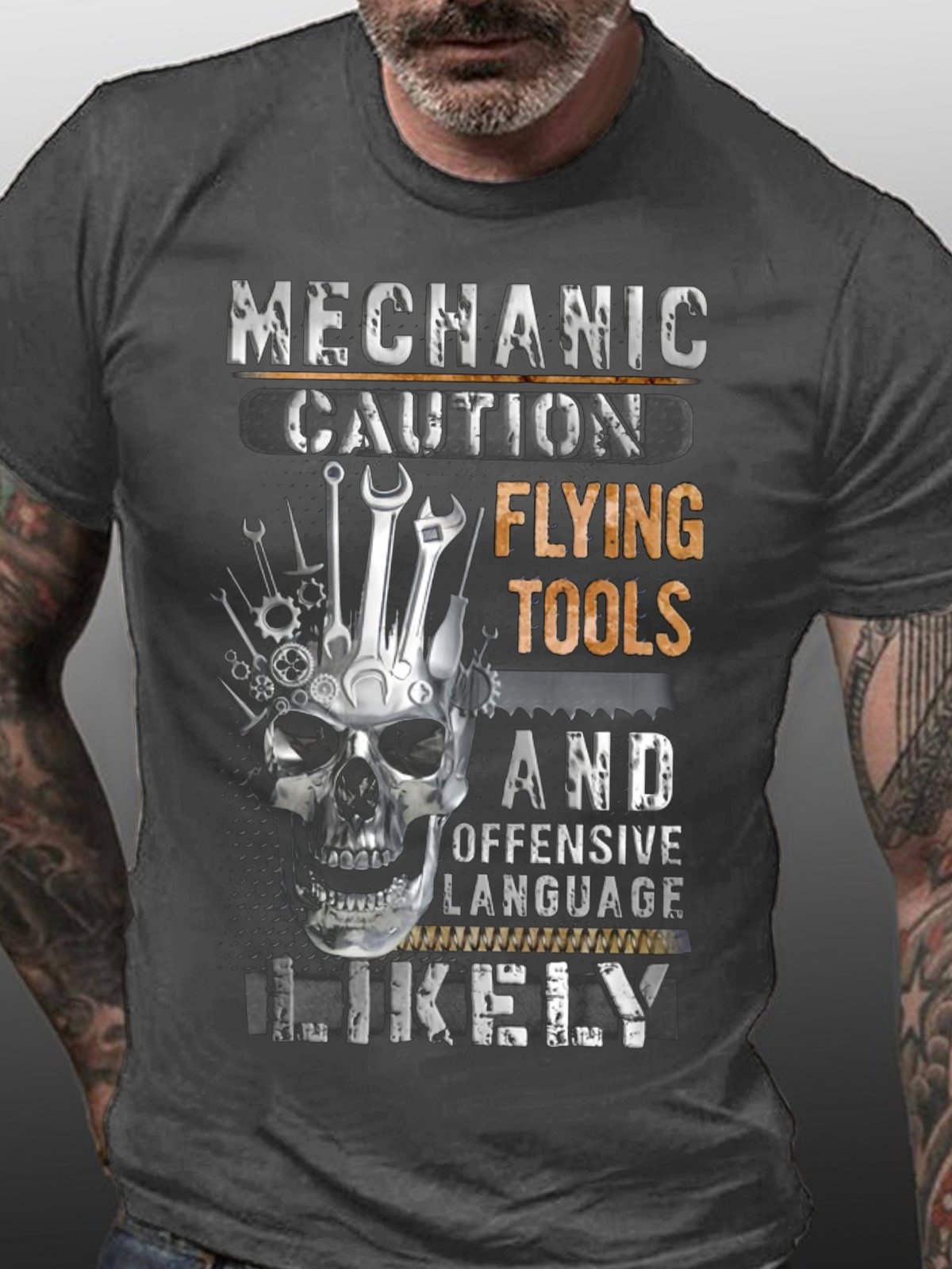 Men's Halloween Skull Mechanic Caution Flying Tools And Offensive Language Likely Crew Neck Casual T-shirt