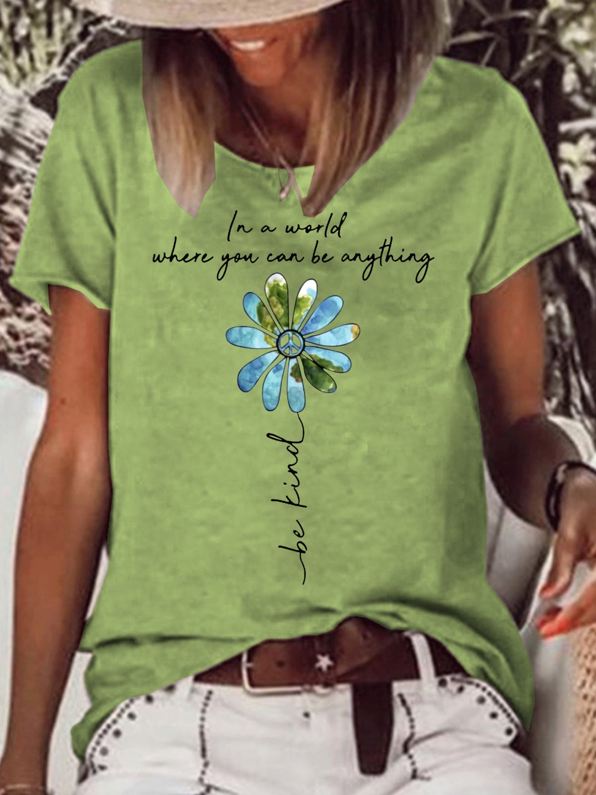 Womens Hippie In A World Where You Can Be Anything Be Kind Crew Neck T-Shirt