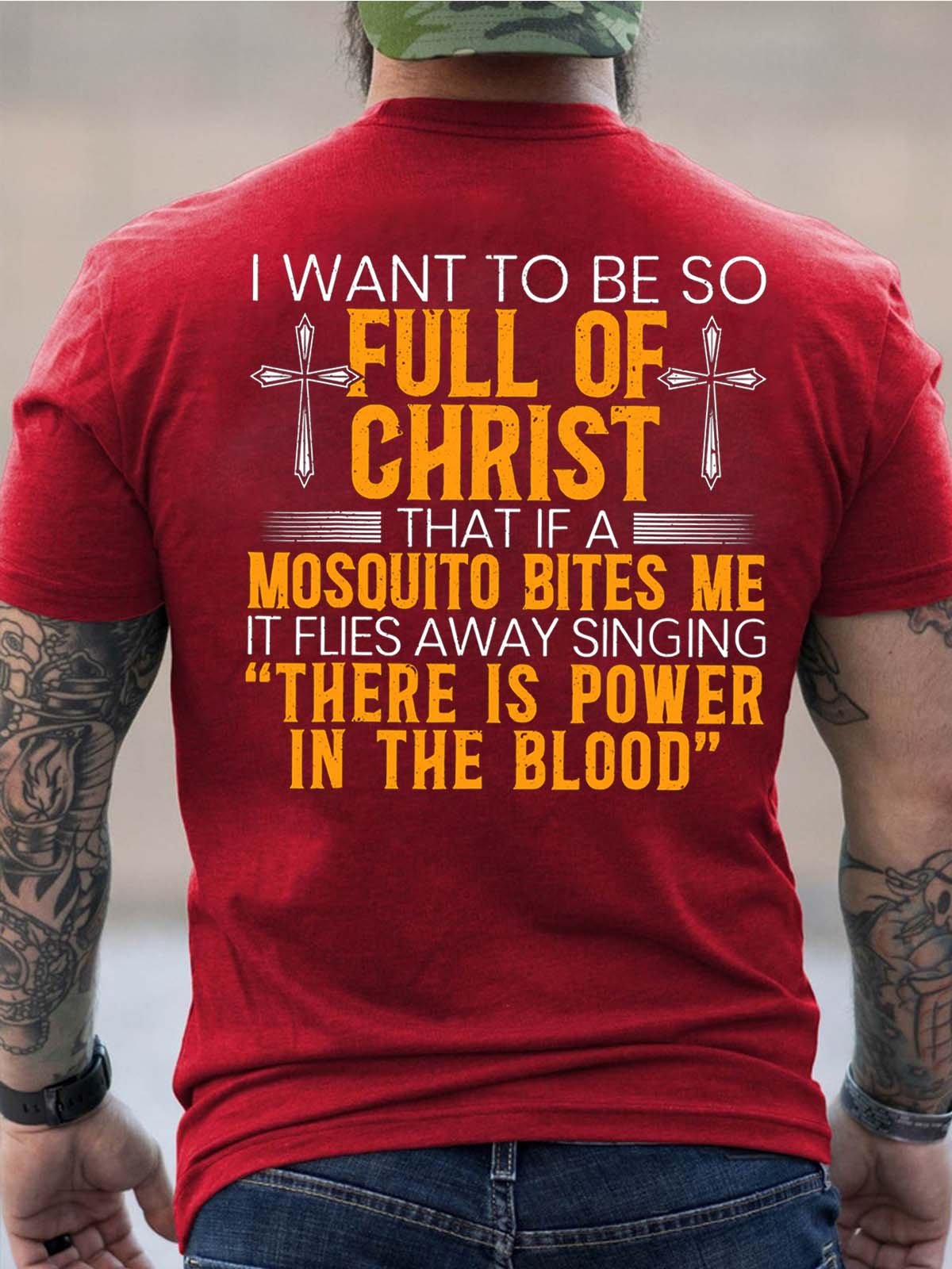 Men Full Of Christ Power In The Blood Jesus Loose Text Letters T-Shirt