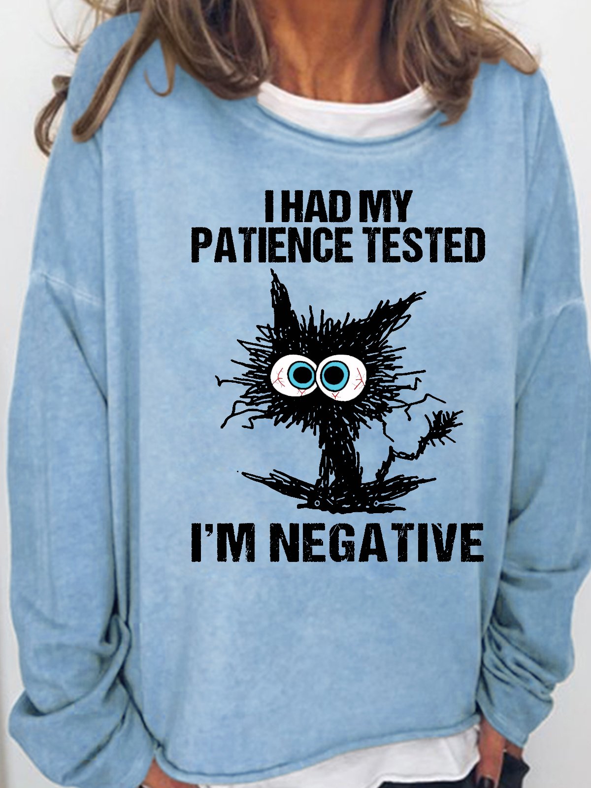 Womens Black Cat I Had My Patience Tested I'm Negative Funny Letters Crew Neck Sweatshirt