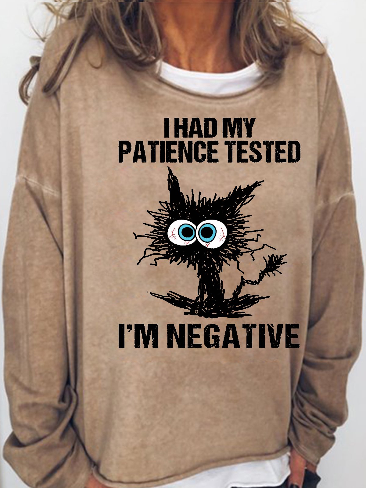 Womens Black Cat I Had My Patience Tested I'm Negative Funny Letters Crew Neck Sweatshirt