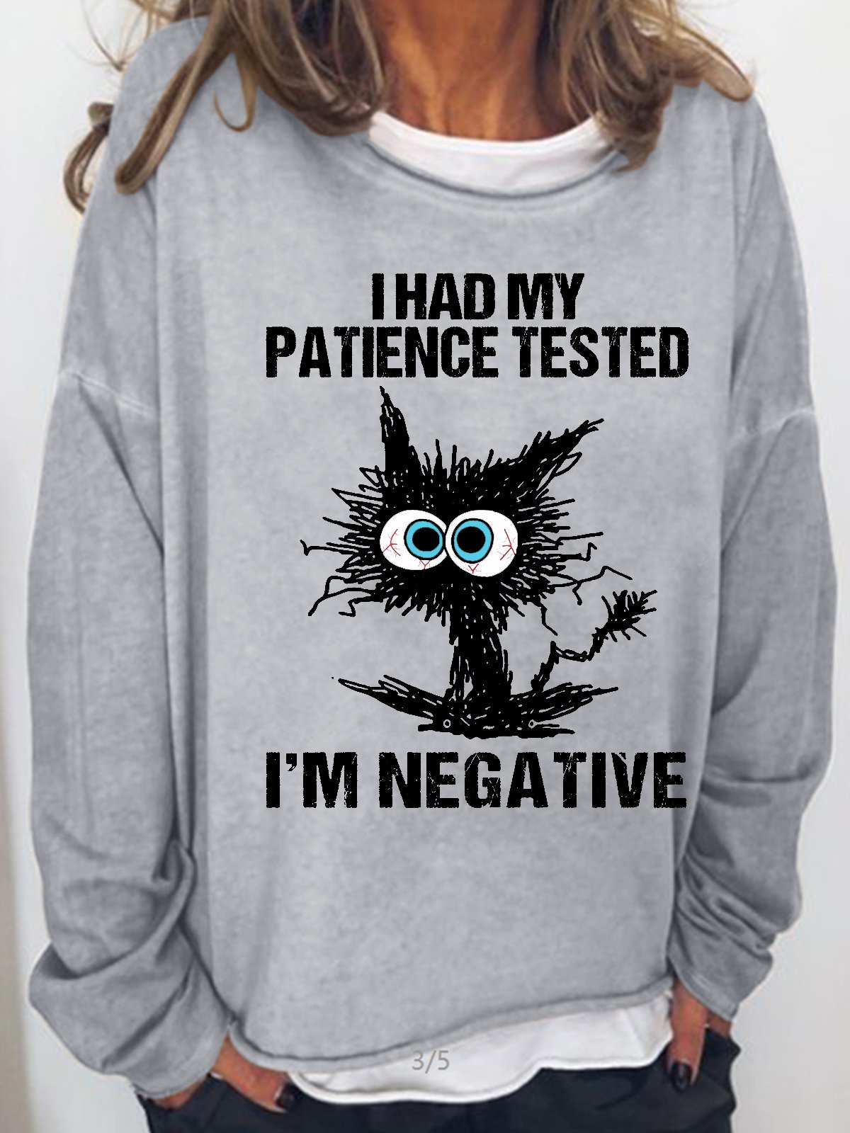 Womens Black Cat I Had My Patience Tested I'm Negative Funny Letters Crew Neck Sweatshirt