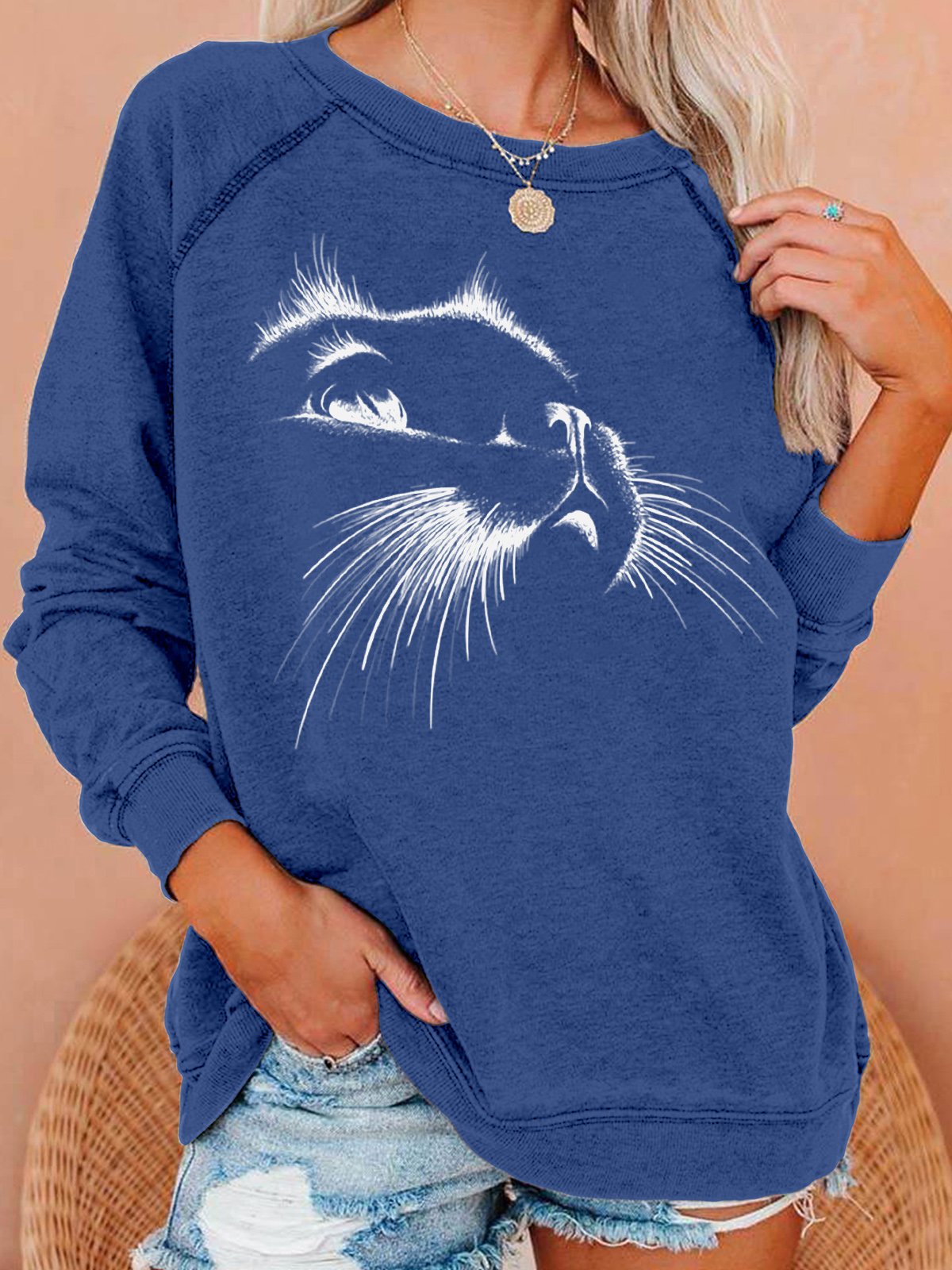 Womens Black Cat Casual Crew Neck Sweatshirt