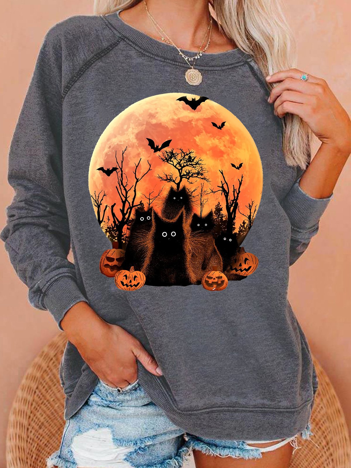 Womens Halloween Black Witch Cat Crew Neck Sweatshirt