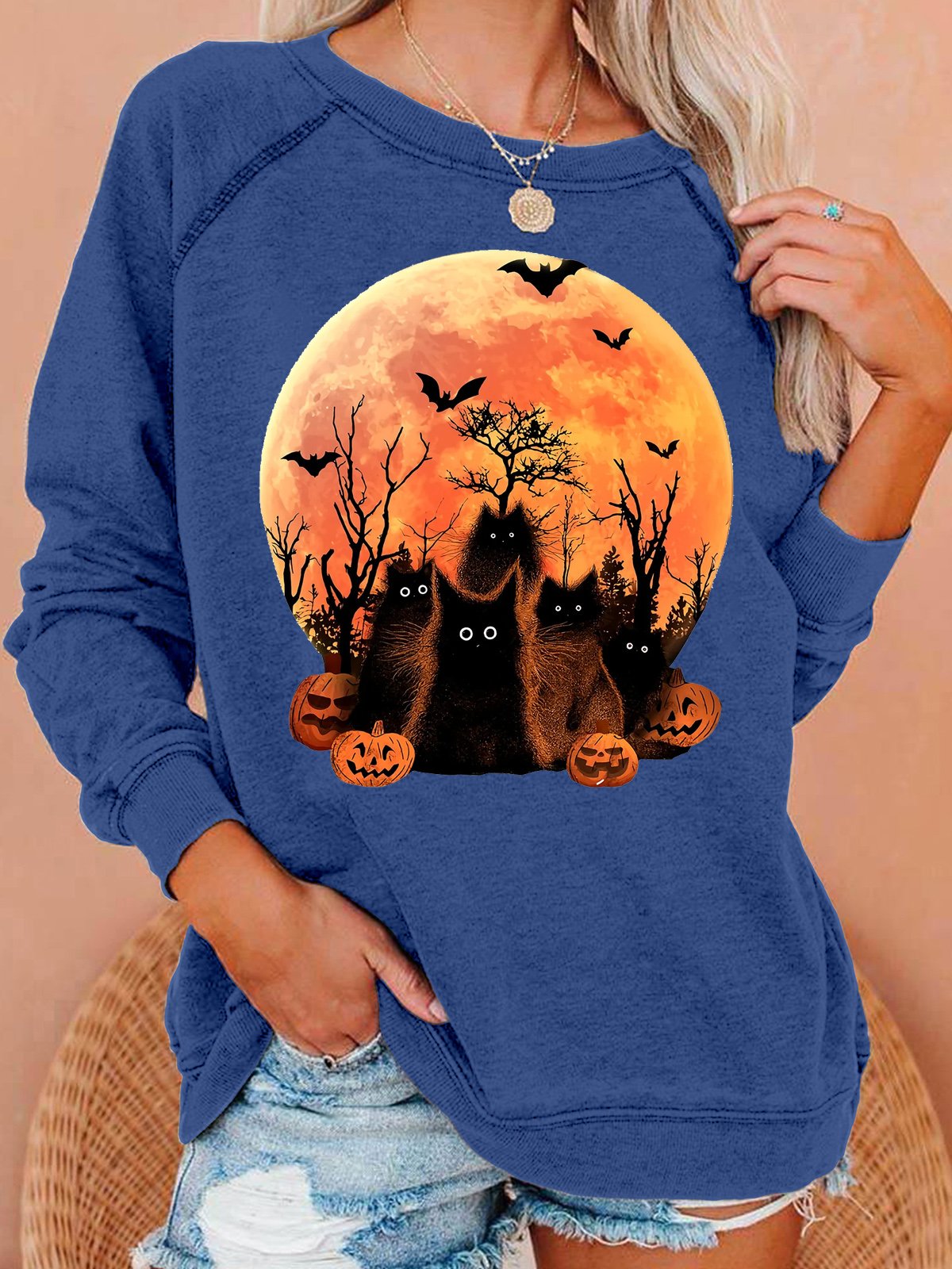 Womens Halloween Black Witch Cat Crew Neck Sweatshirt