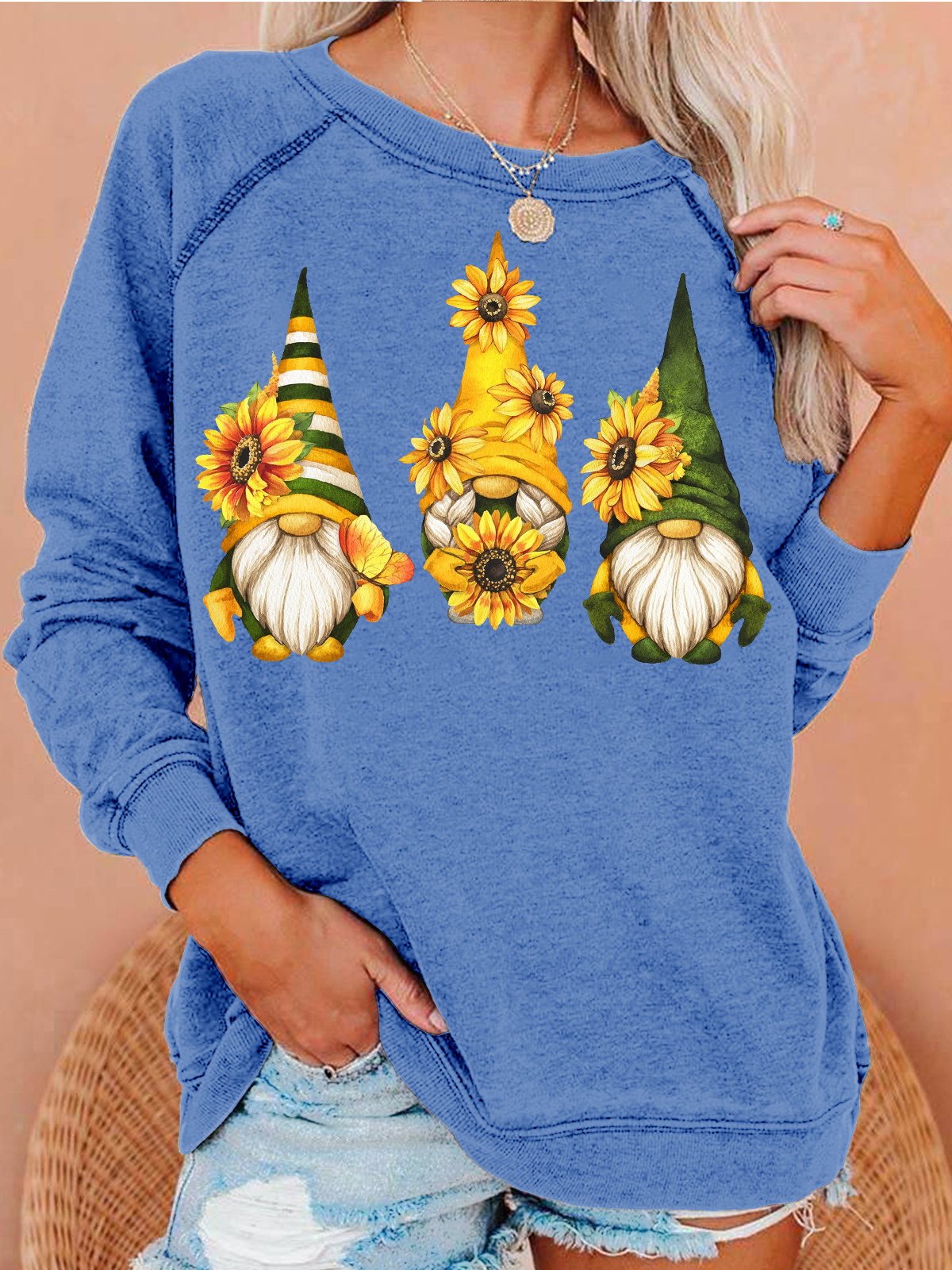 Womens Garden gnome cute watercolor Sunflower gnome Casual Sweatshirt