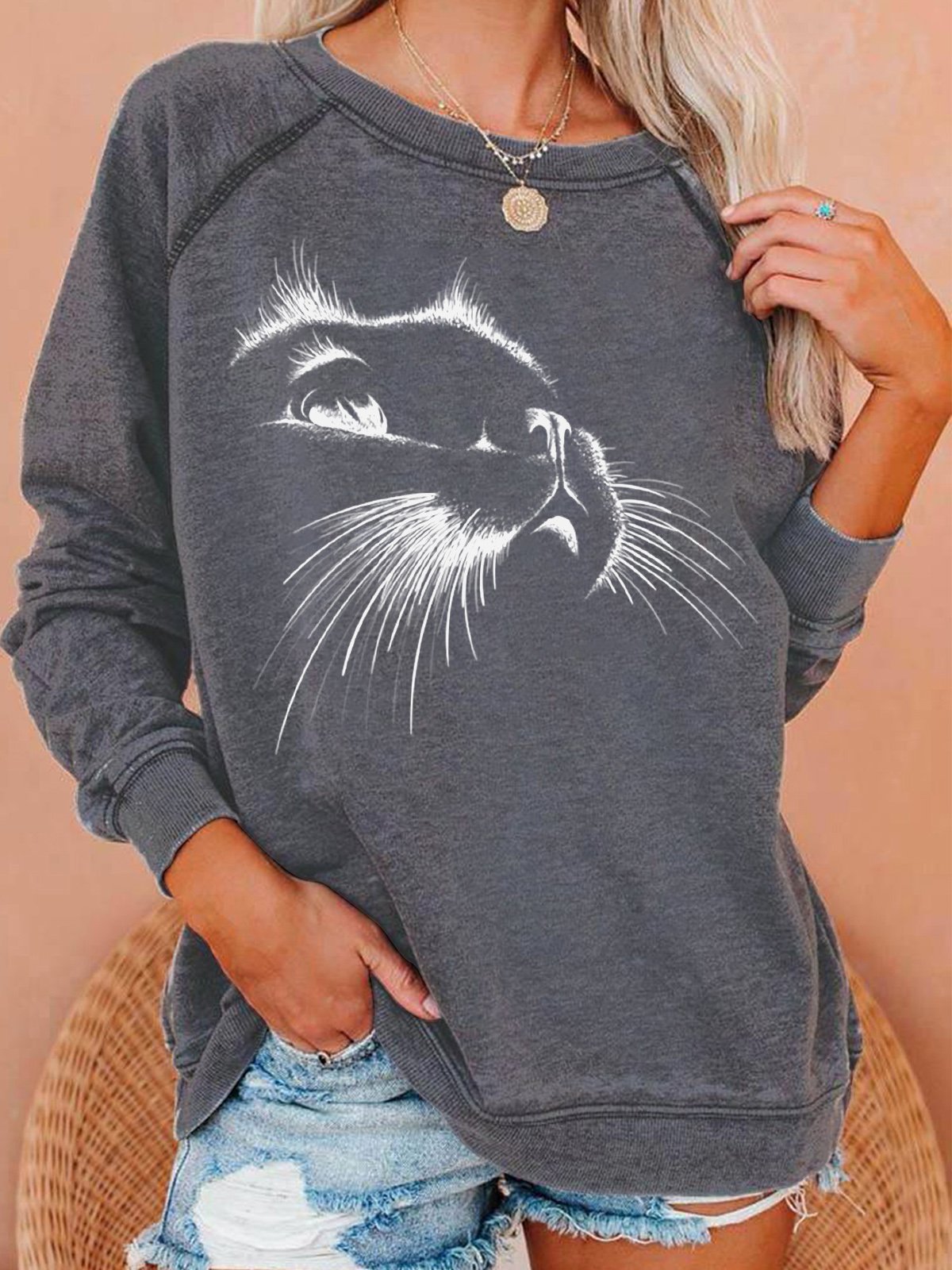 Womens Black Cat Casual Crew Neck Sweatshirt