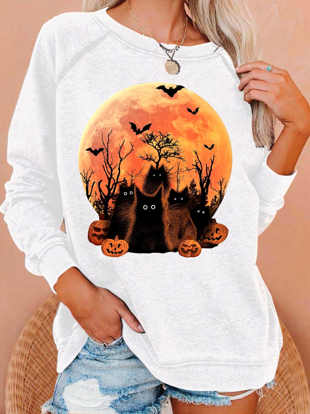 Womens Halloween Black Witch Cat Crew Neck Sweatshirt