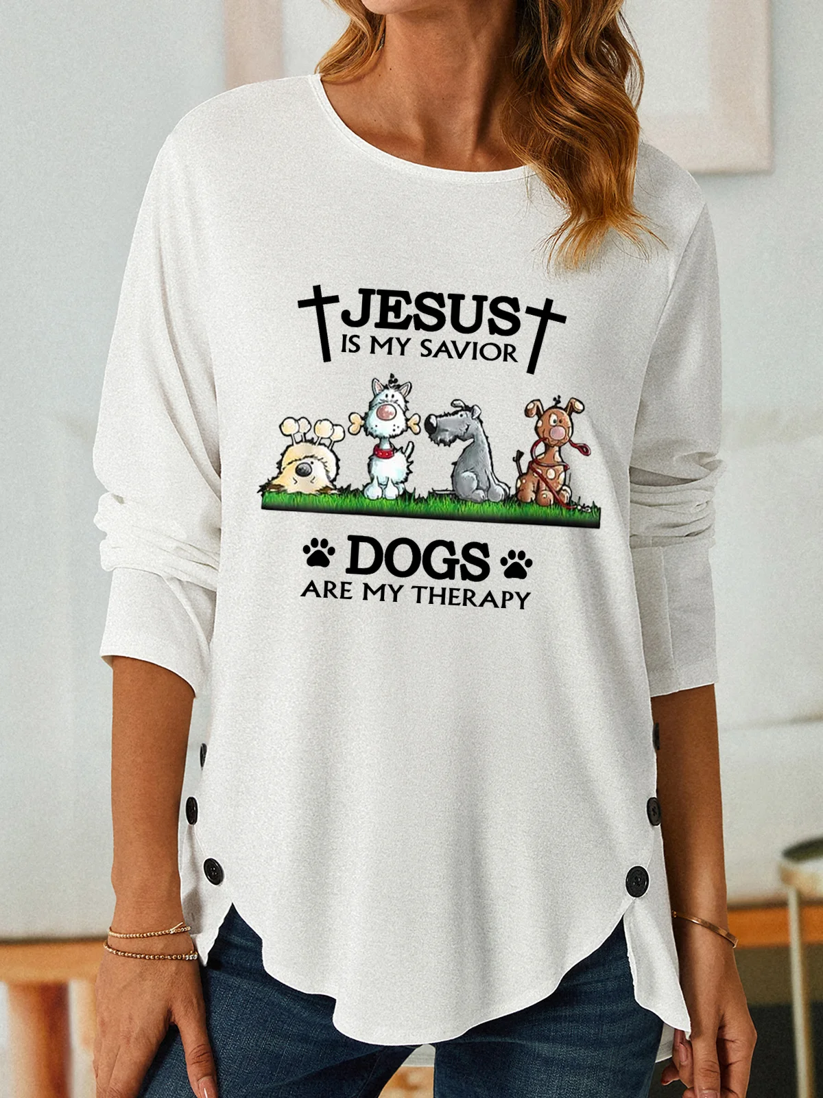 Women Funny Dog Jesus Is My Savior Dogs Are My Therapy Simple Top