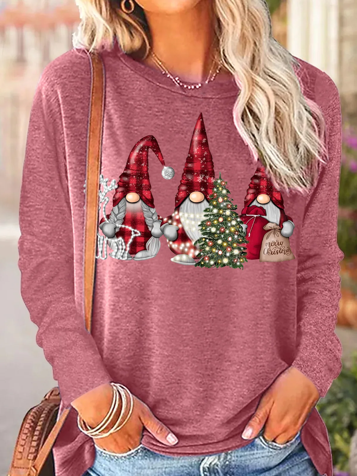 Women's Gnome Graphic Merry Christmas Long Sleeve Top