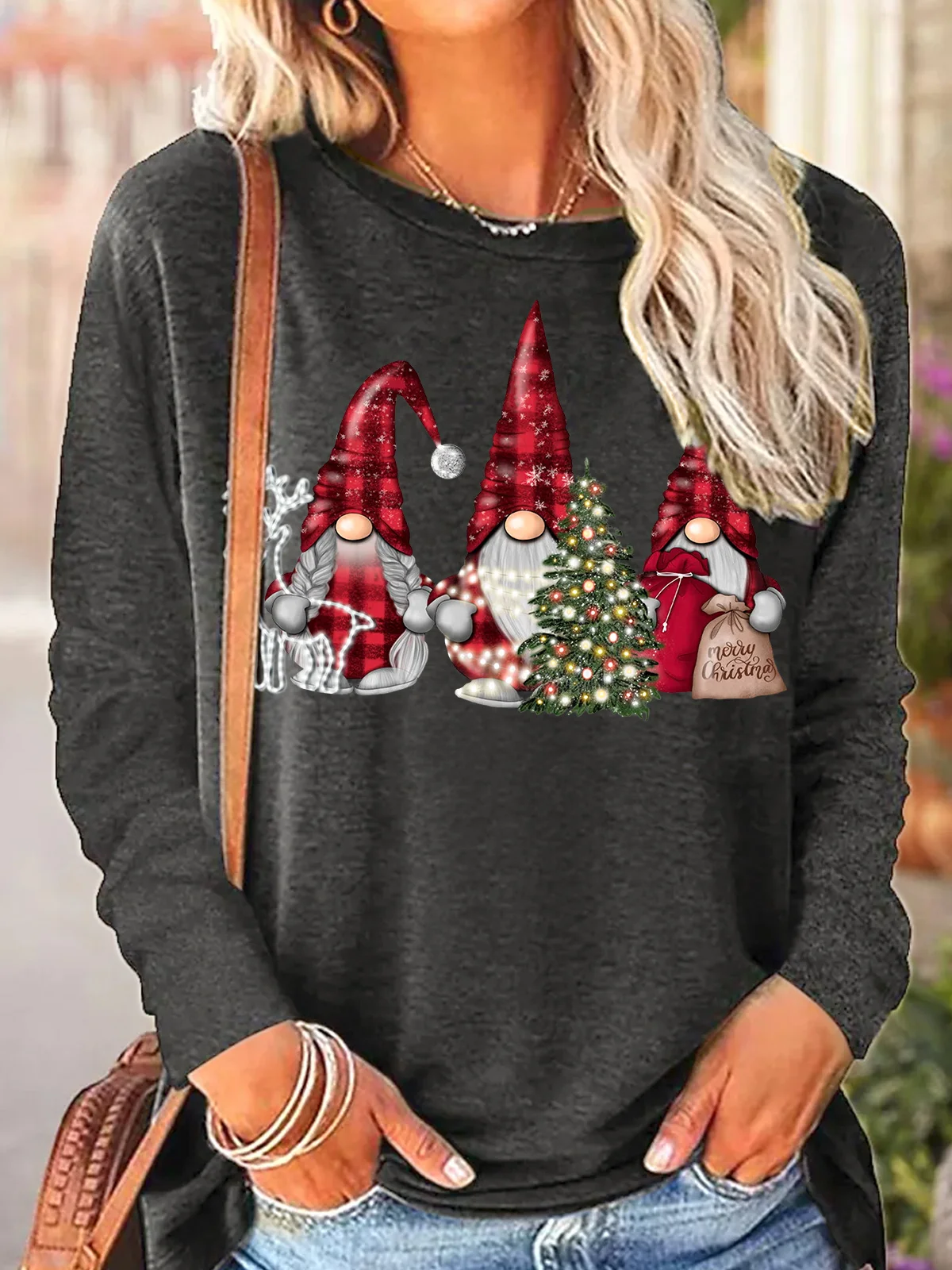 Women's Gnome Graphic Merry Christmas Long Sleeve Top