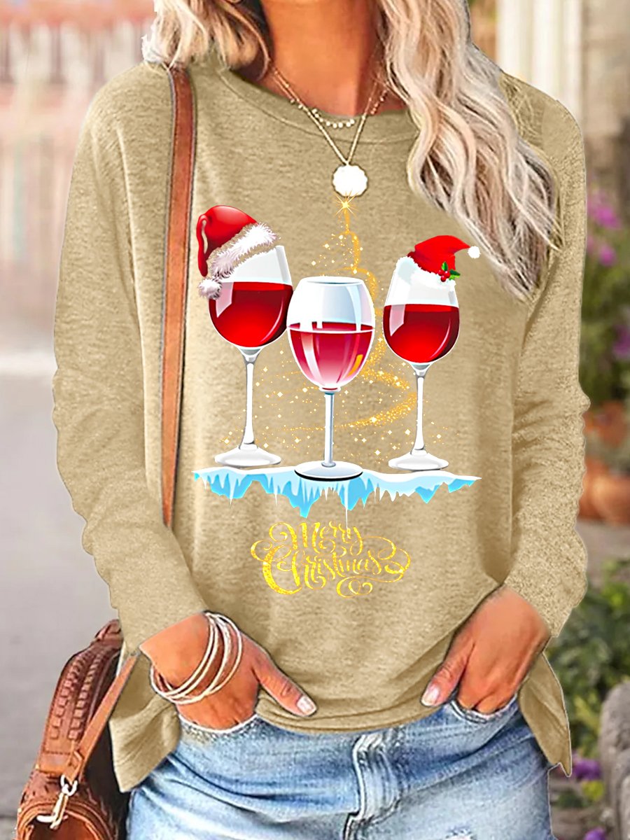 Women's Wine Simple Christmas Crew Neck Long Sleeve Top