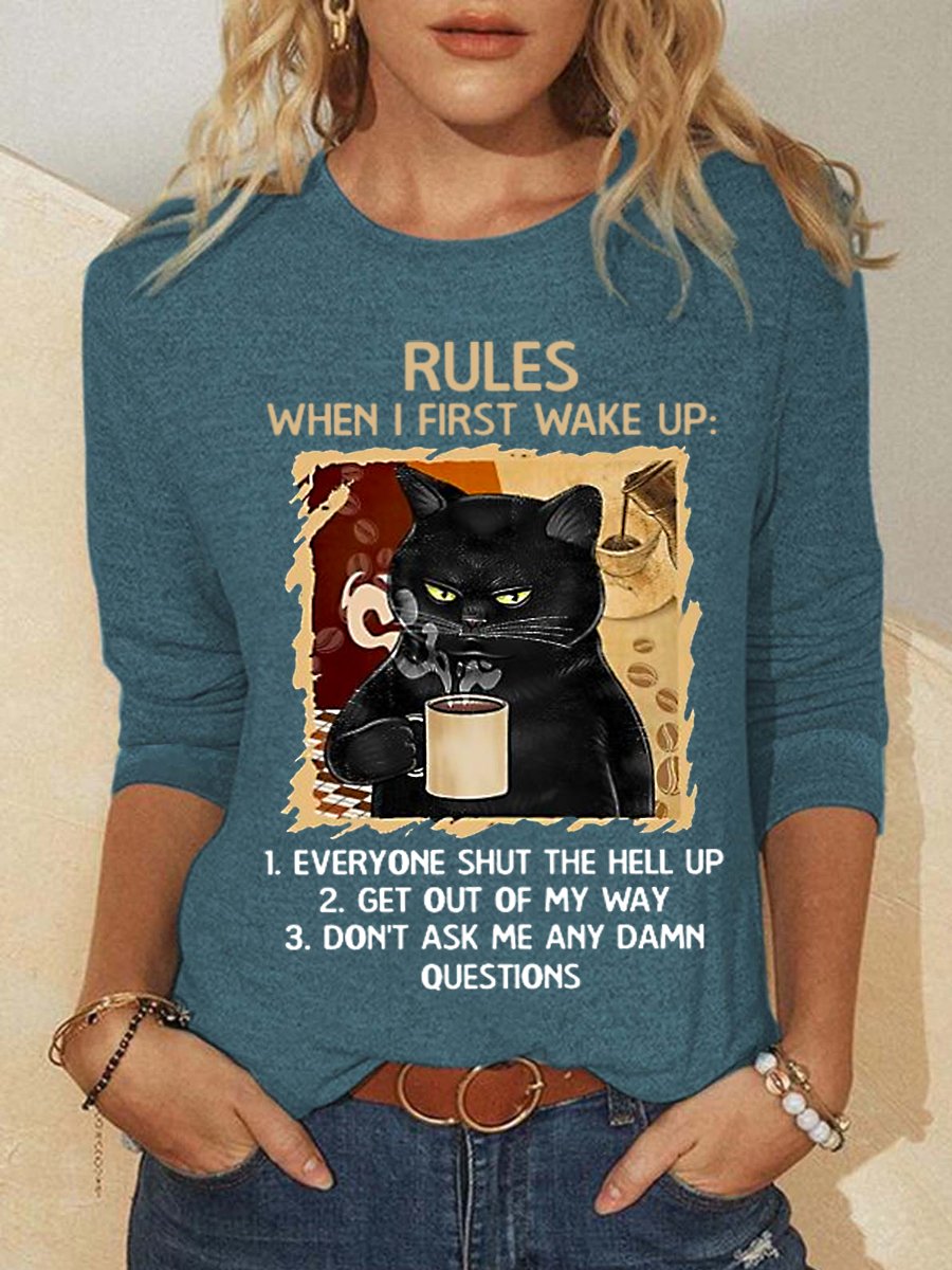 Women Black Cat Rules Cotton-Blend Simple Long  Sleeve Top