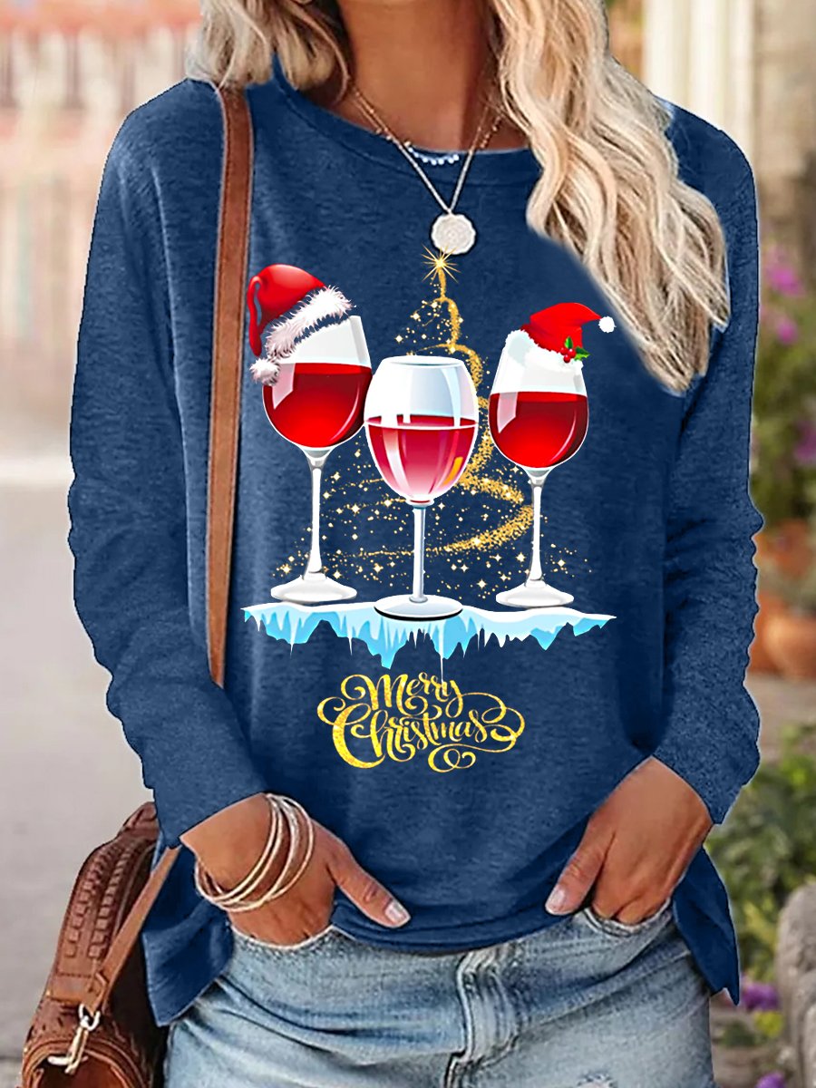 Women's Wine Simple Christmas Crew Neck Long Sleeve Top