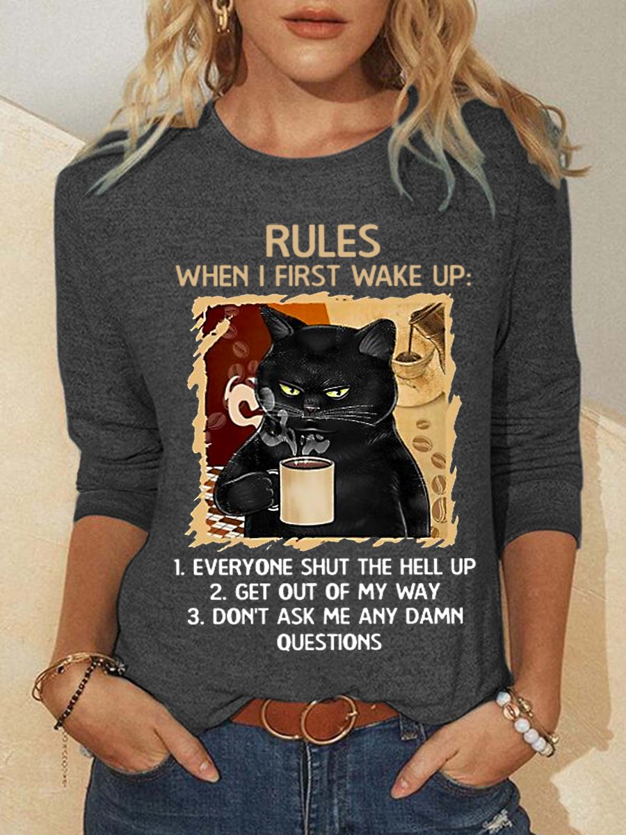 Women Black Cat Rules Cotton-Blend Simple Long  Sleeve Top