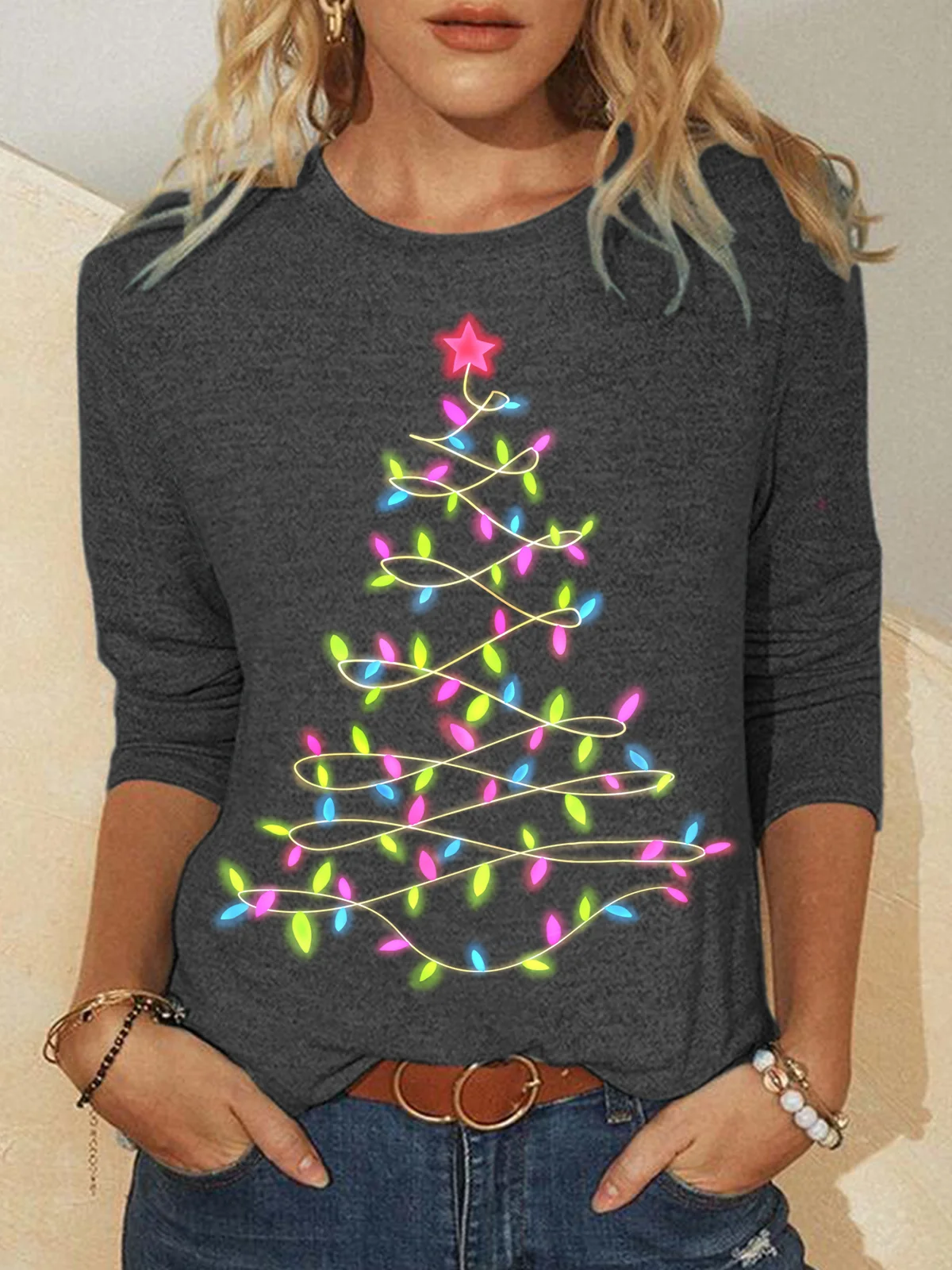 Women's Christmas Tree Light Crew Neck Casual Long Sleeve Top