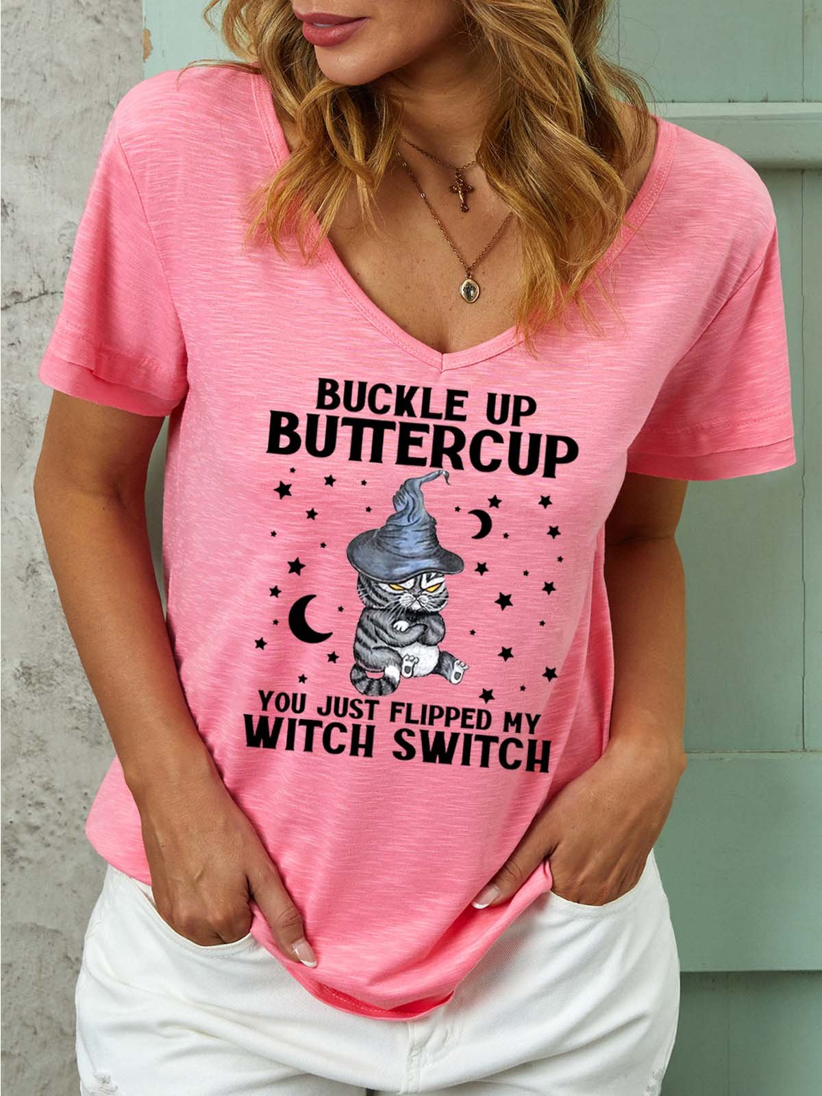 Women Buckle Up Witch Switch Black Cat Star Moon Halloween V Neck T-Shirt