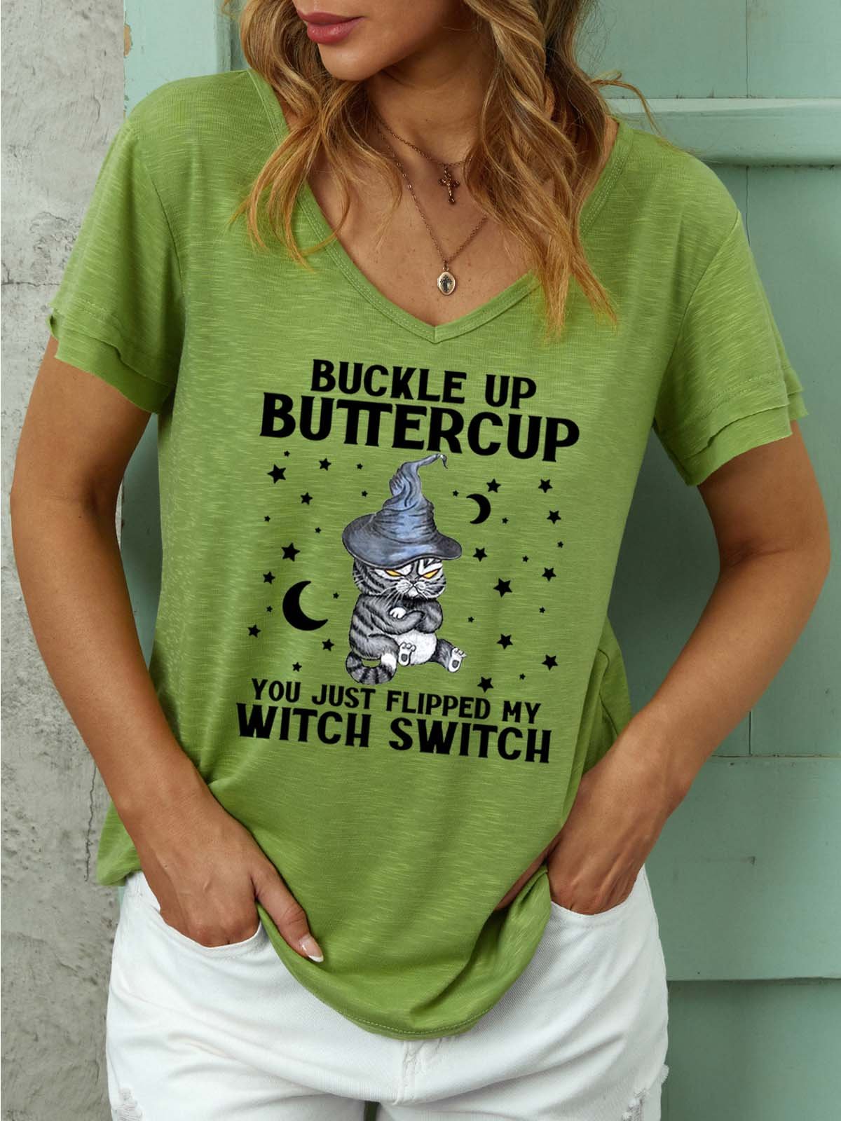 Women Buckle Up Witch Switch Black Cat Star Moon Halloween V Neck T-Shirt