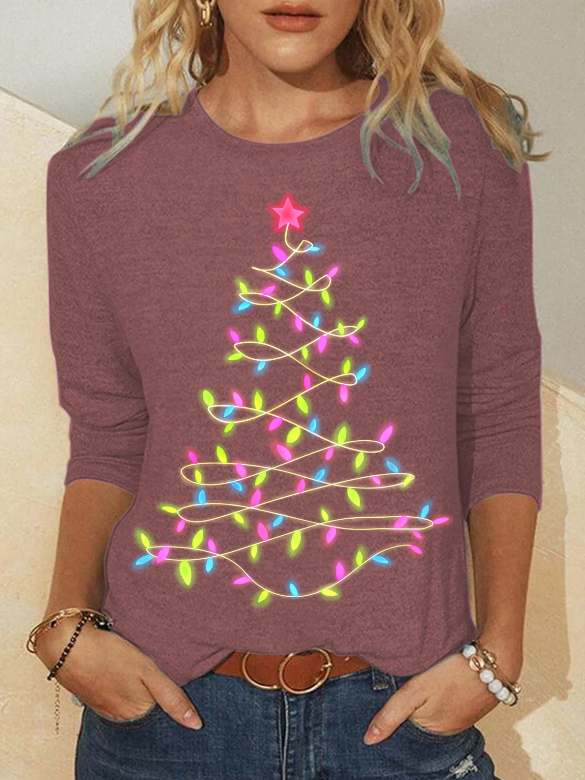 Women's Christmas Tree Light Crew Neck Casual Long Sleeve Top