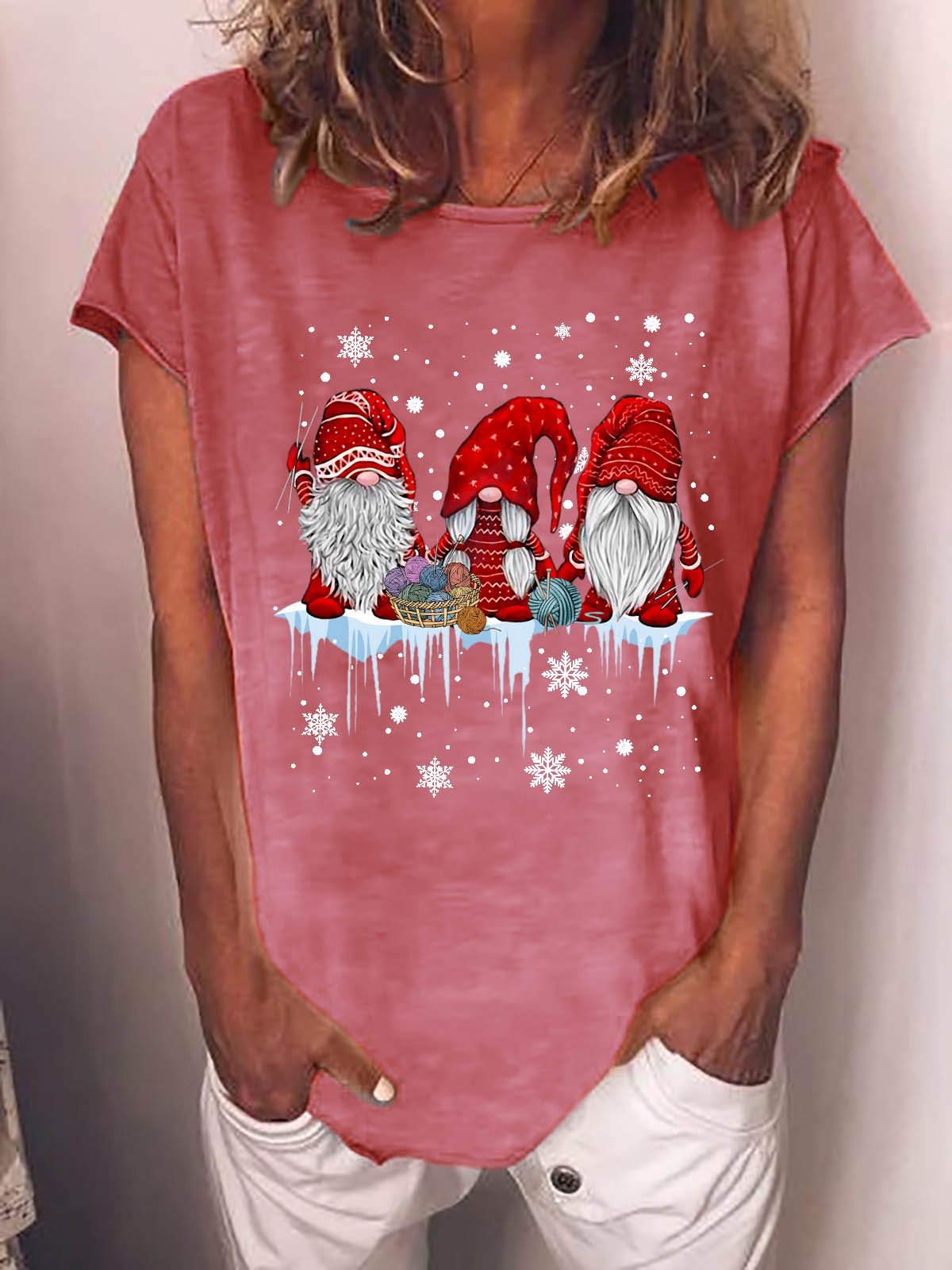 Women Christmas Gnomies Santa Casual Cotton-Blend Loose T-Shirt