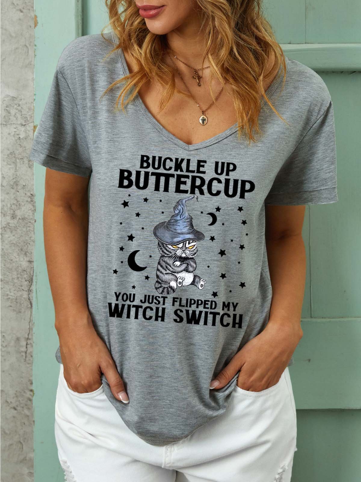 Women Buckle Up Witch Switch Black Cat Star Moon Halloween V Neck T-Shirt