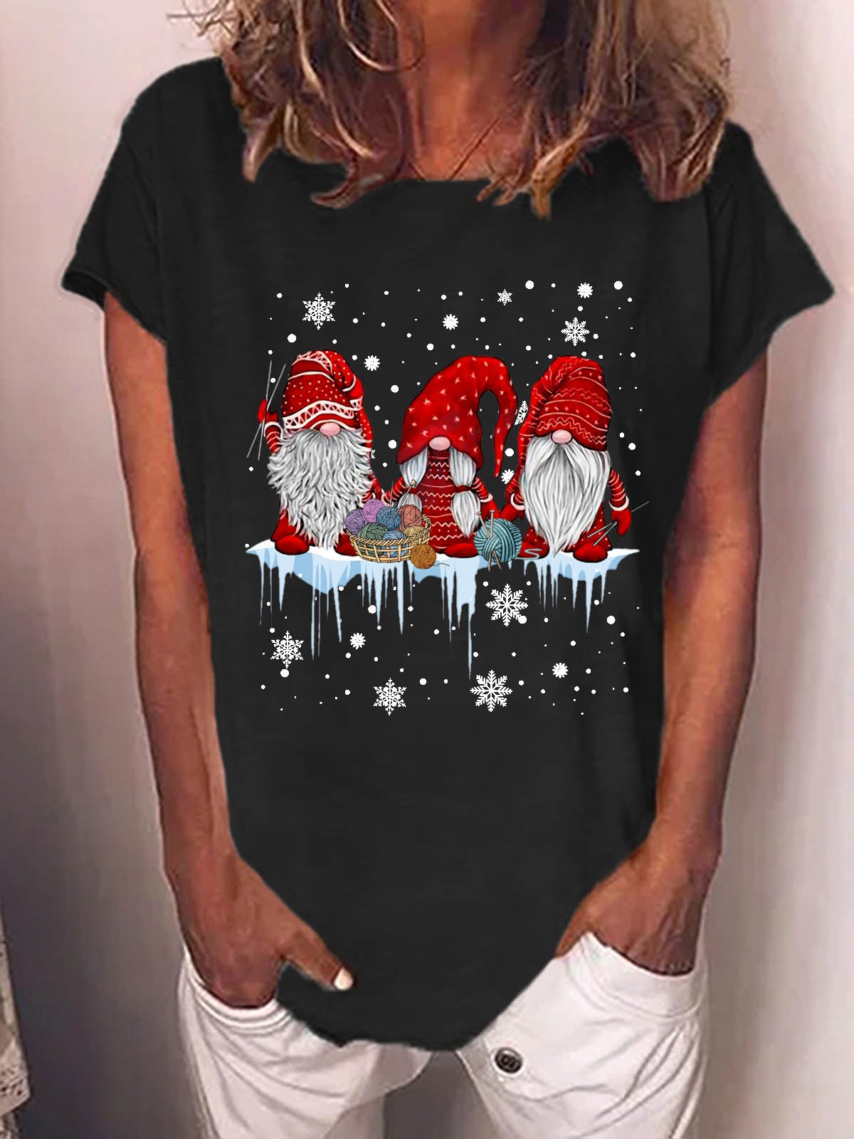 Women Christmas Gnomies Santa Casual Cotton-Blend Loose T-Shirt