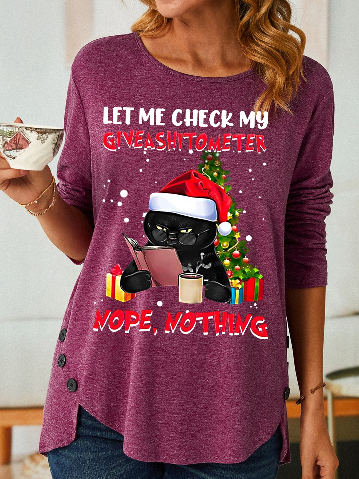 Womens Funny Christmas Black Cat Print Top