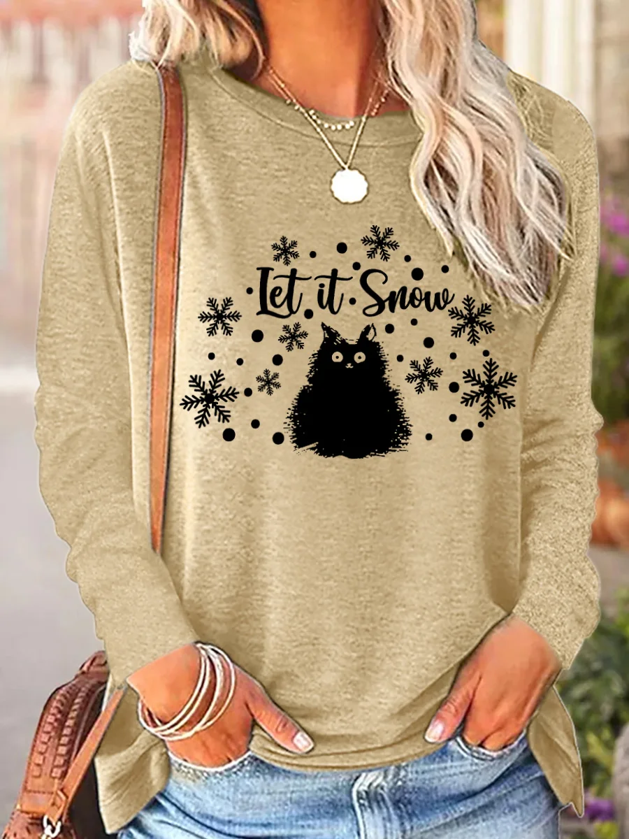 Lilicloth X Yuna Let It Snow With Cat And Snowflake Women's Christmas Long Sleeve T-Shirt