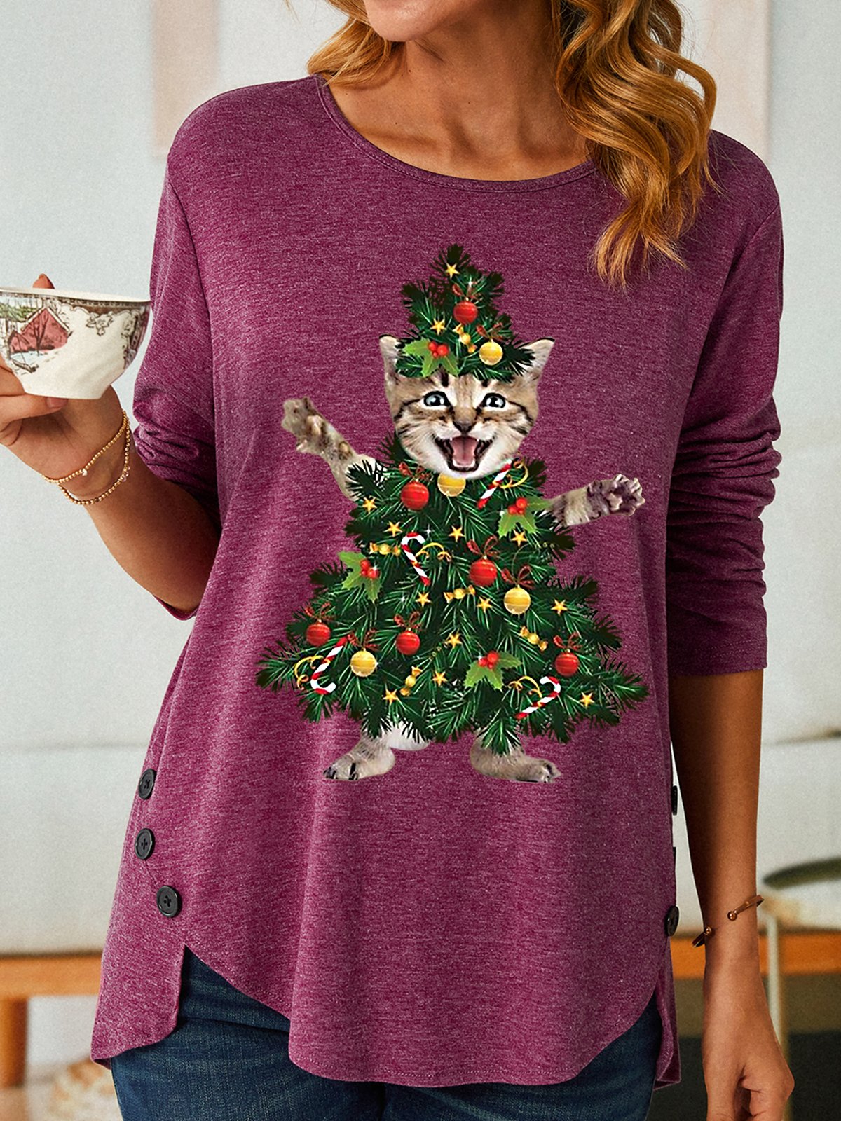 Womens Funny Cat Christmas Tree PrintTops