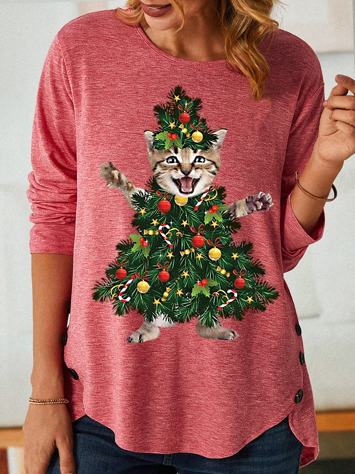 Womens Funny Cat Christmas Tree PrintTops