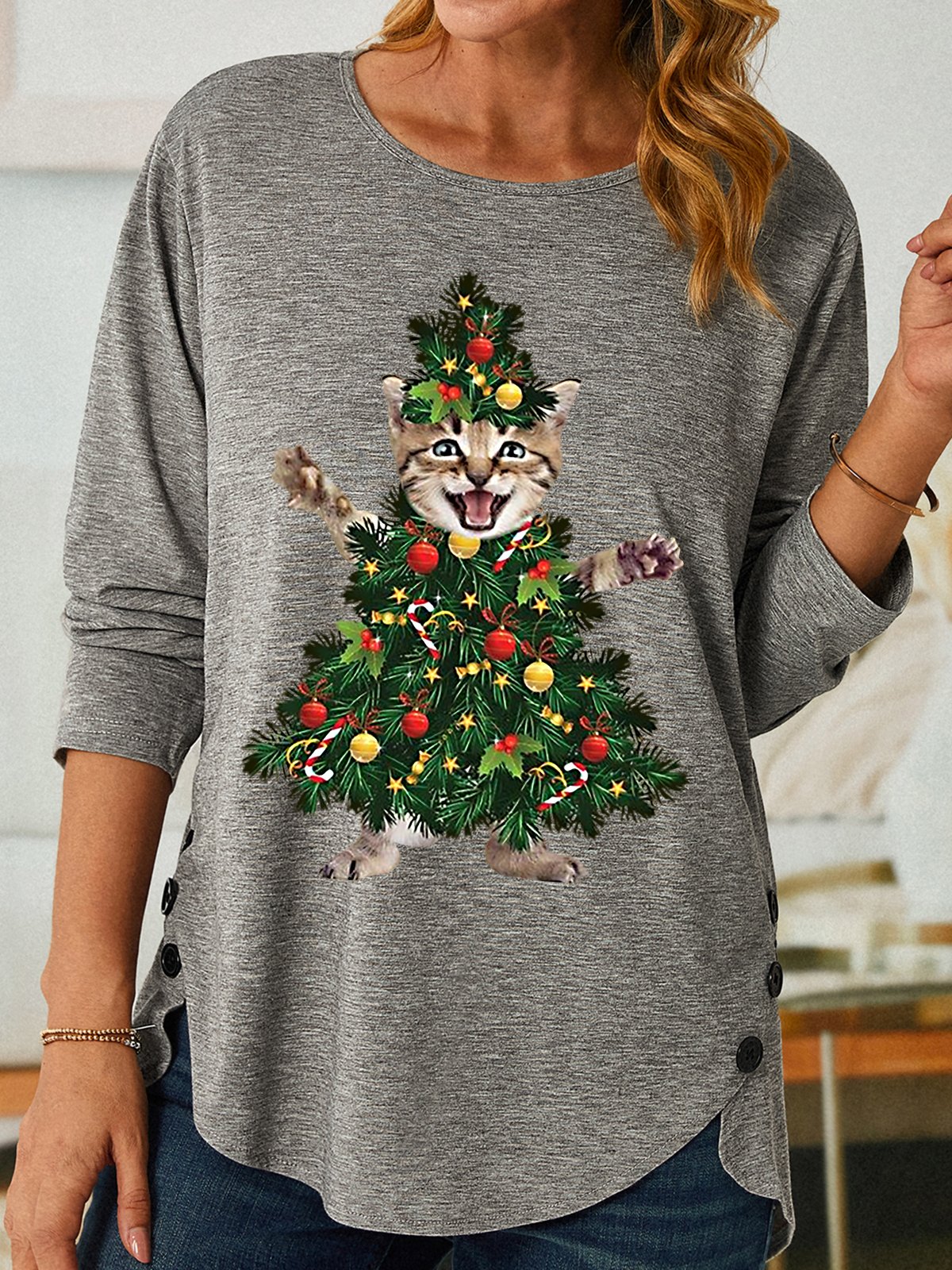 Womens Funny Cat Christmas Tree PrintTops