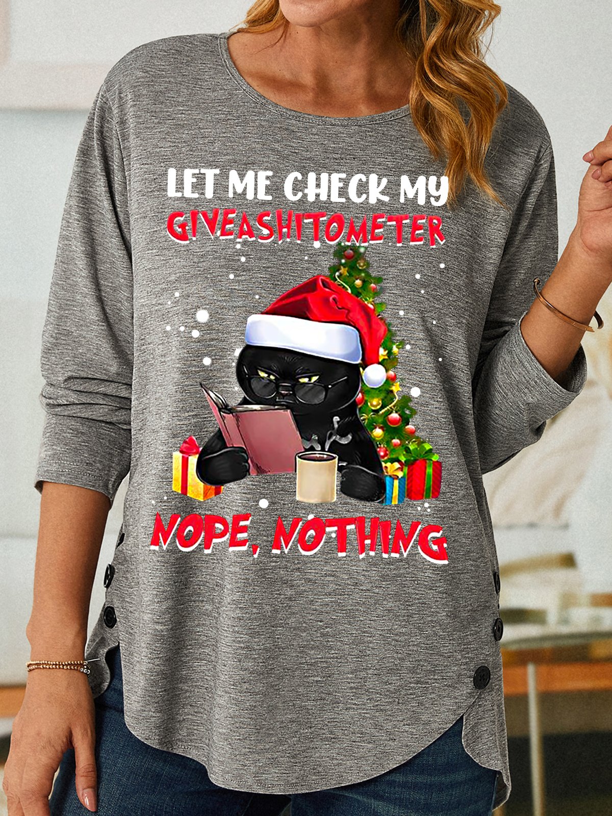 Womens Funny Christmas Black Cat Print Top