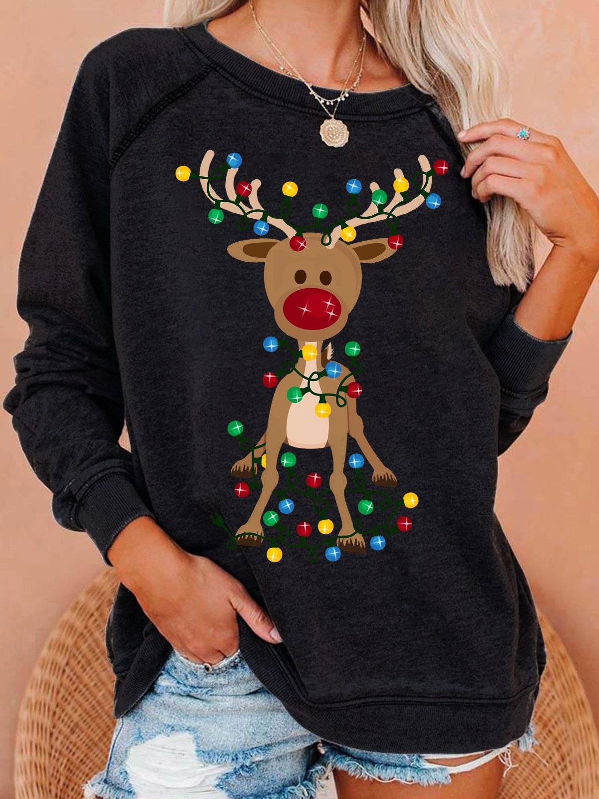 Womens Christmas Casual Elk Crew Neck Sweatshirt