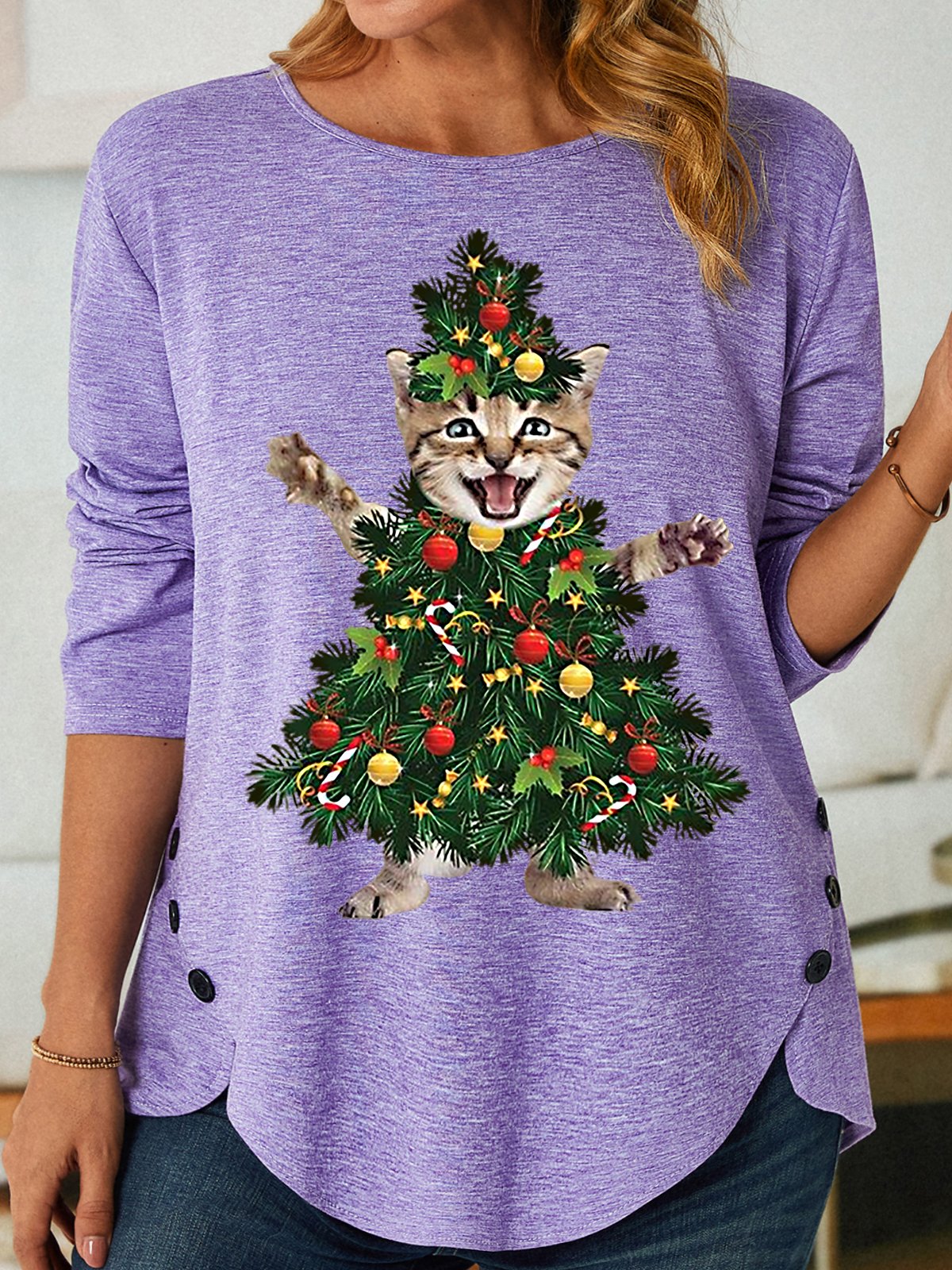 Womens Funny Cat Christmas Tree PrintTops