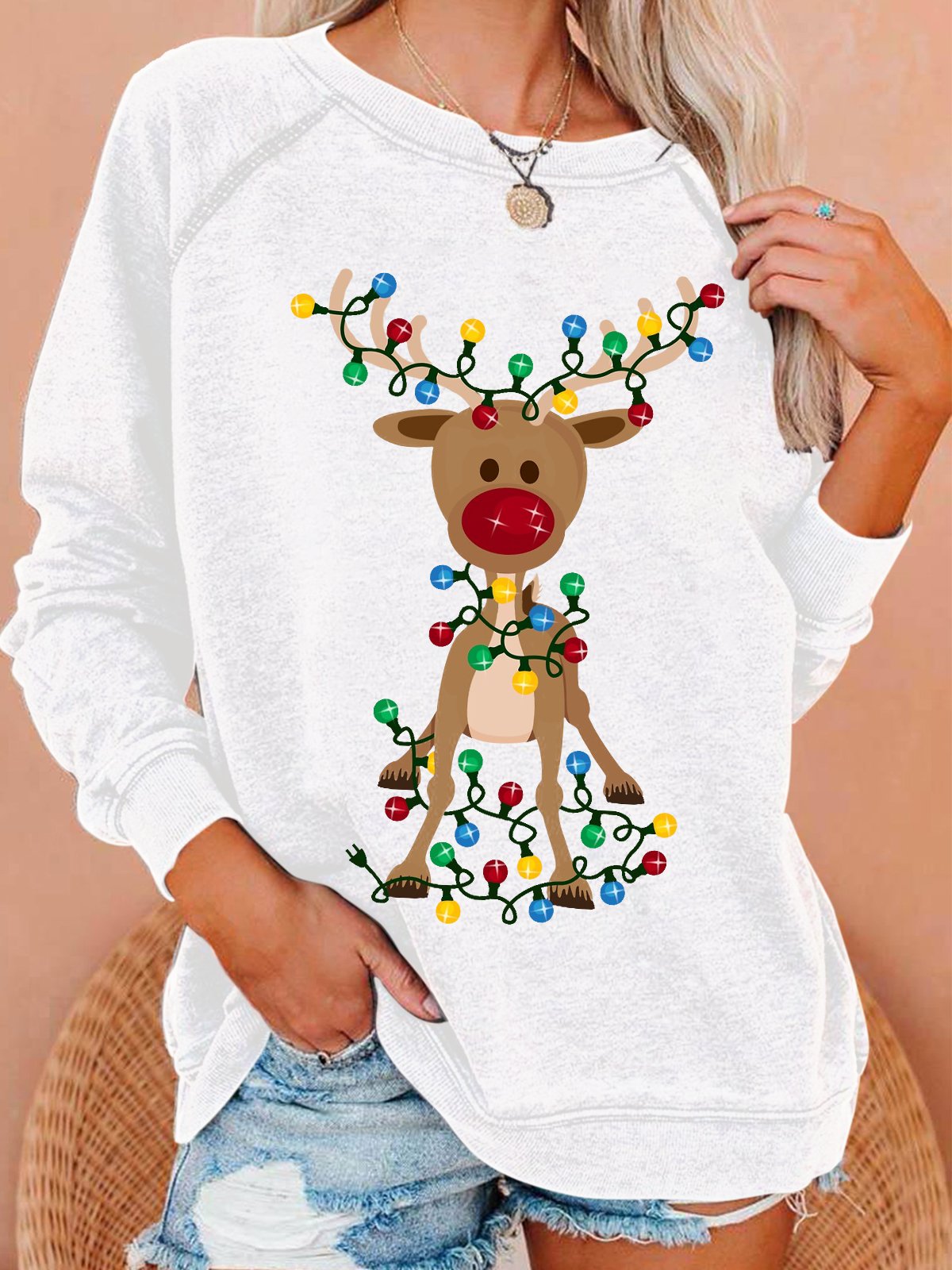 Womens Christmas Casual Elk Crew Neck Sweatshirt