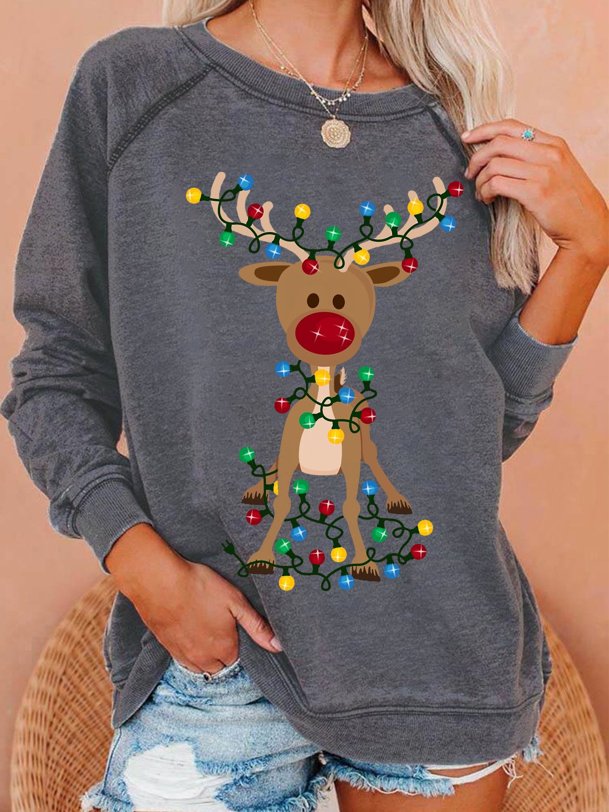 Womens Christmas Casual Elk Crew Neck Sweatshirt